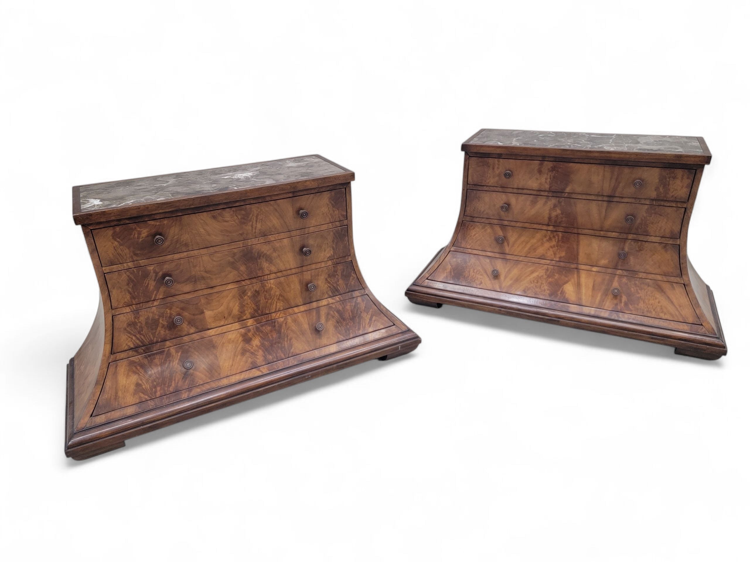 NEW - Vintage Set of Beautifully Crafted Arched Burl Walnut 4 Drawer Marble Top Monarch Dressers for Century Furniture - Set of 2