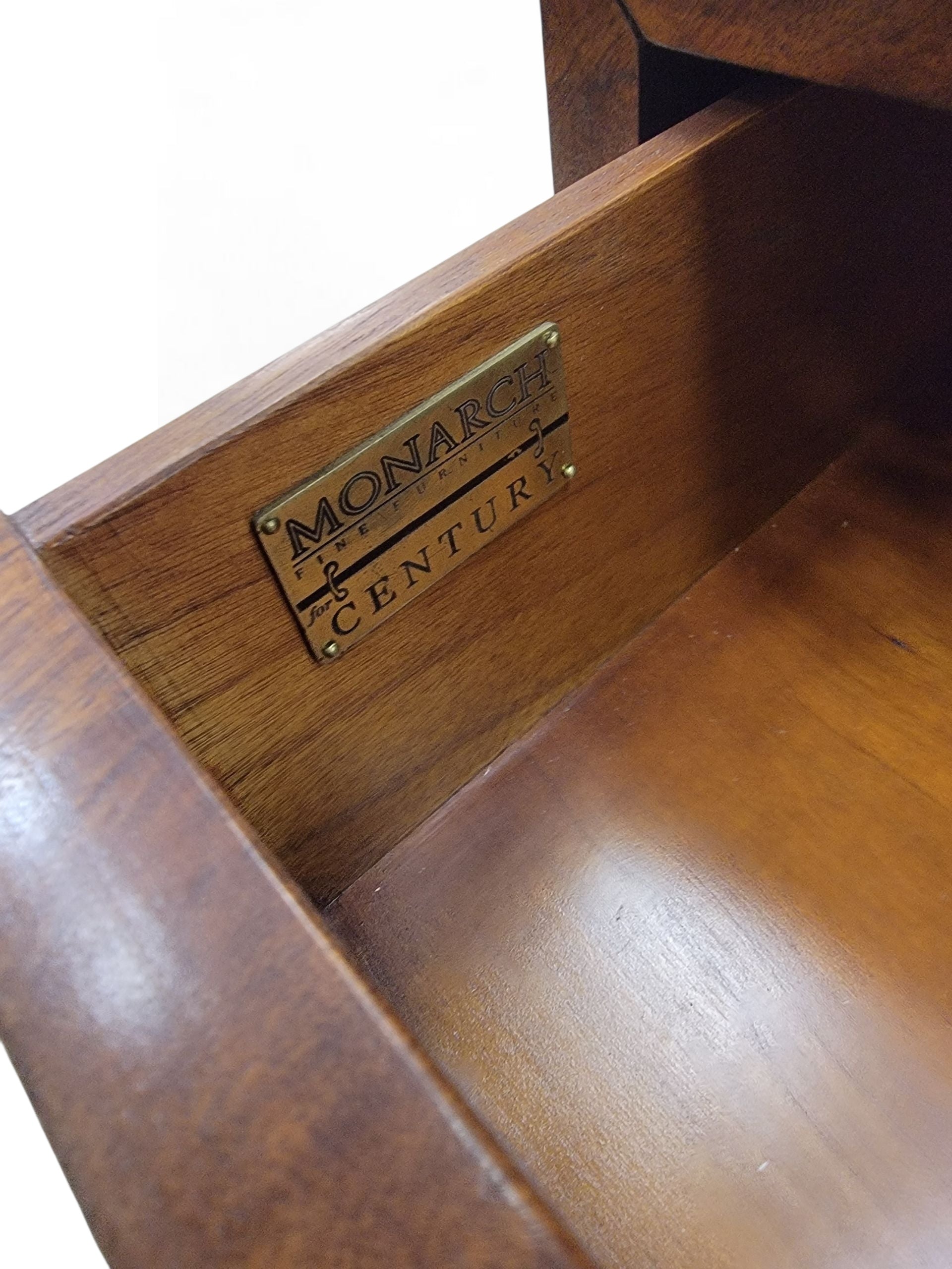 NEW - Vintage Set of Beautifully Crafted Arched Burl Walnut 4 Drawer Marble Top Monarch Dressers for Century Furniture - Set of 2
