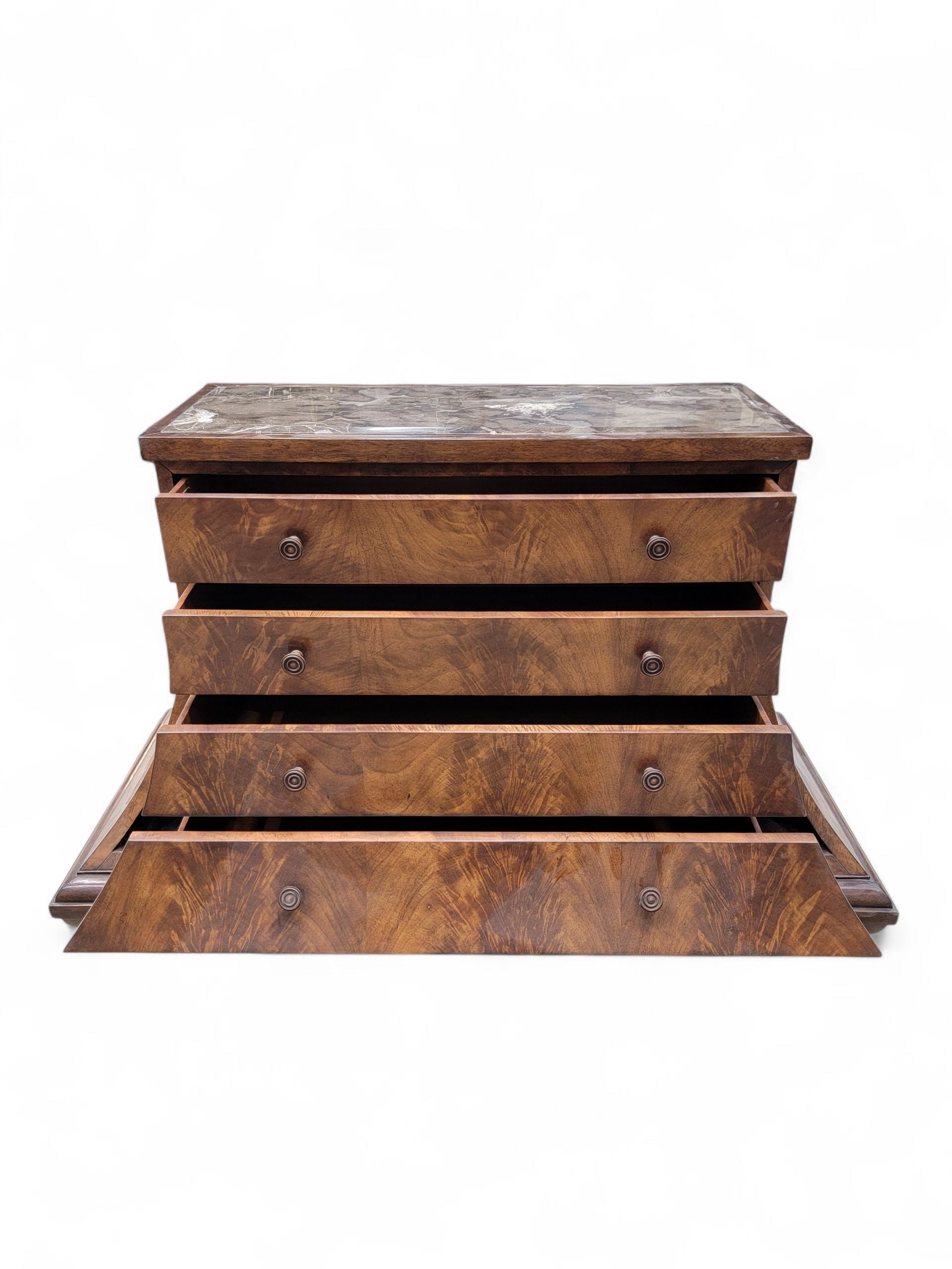 NEW - Vintage Set of Beautifully Crafted Arched Burl Walnut 4 Drawer Marble Top Monarch Dressers for Century Furniture - Set of 2