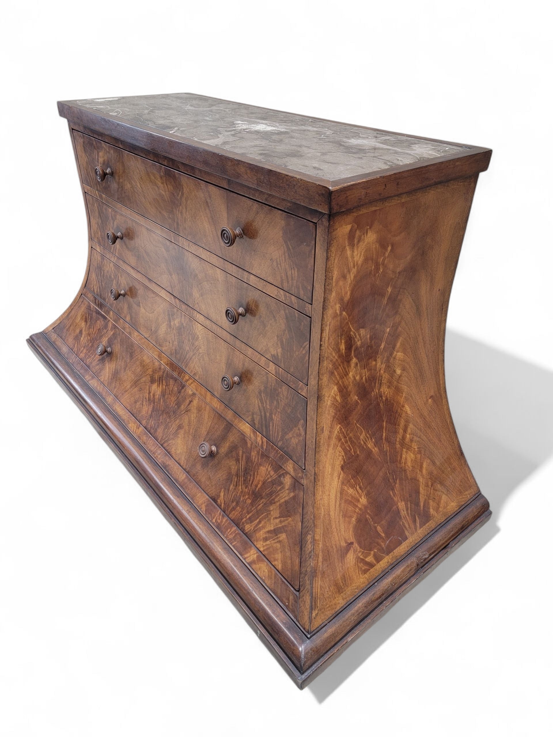 NEW - Vintage Set of Beautifully Crafted Arched Burl Walnut 4 Drawer Marble Top Monarch Dressers for Century Furniture - Set of 2