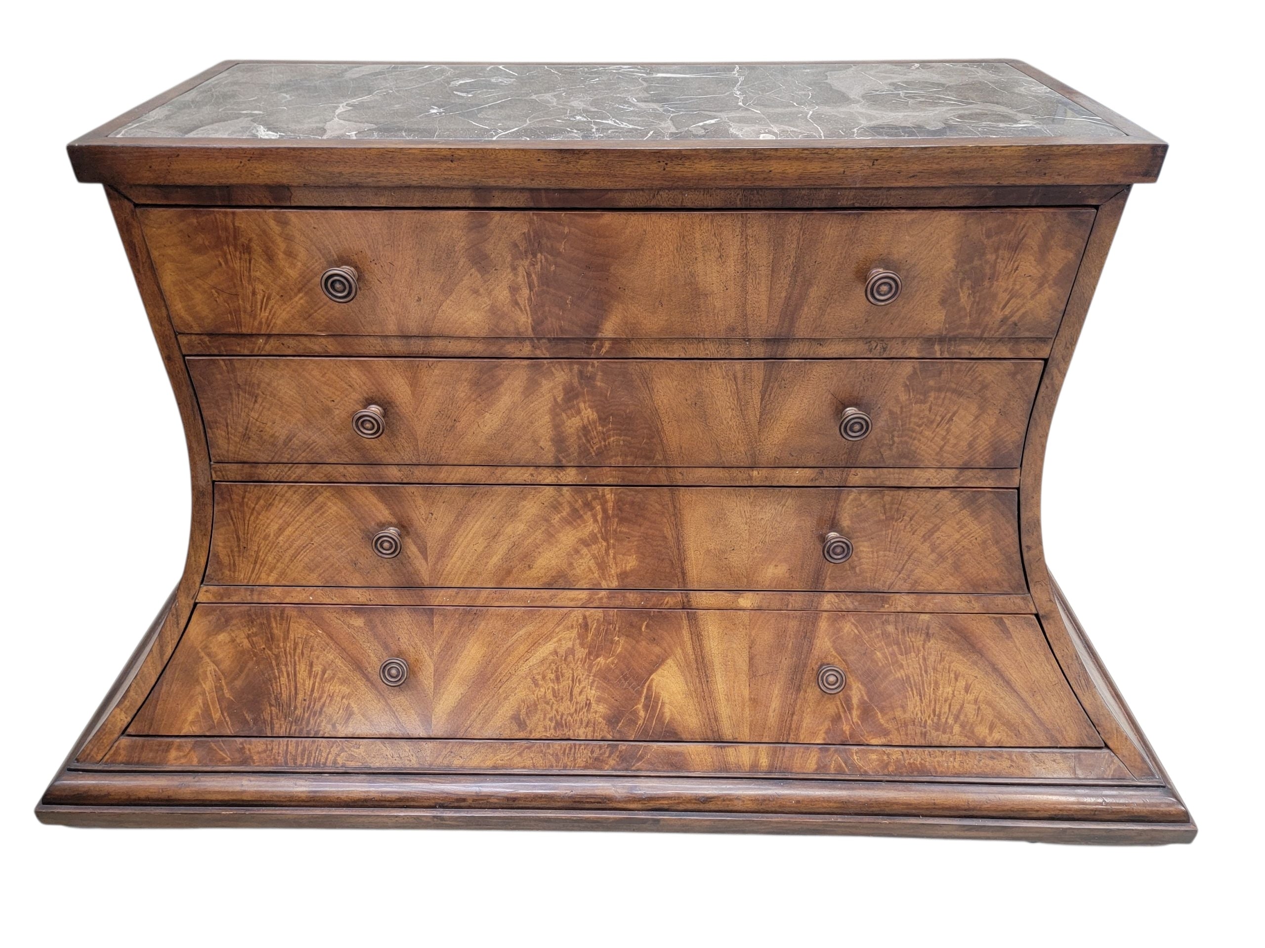 NEW - Vintage Set of Beautifully Crafted Arched Burl Walnut 4 Drawer Marble Top Monarch Dressers for Century Furniture - Set of 2