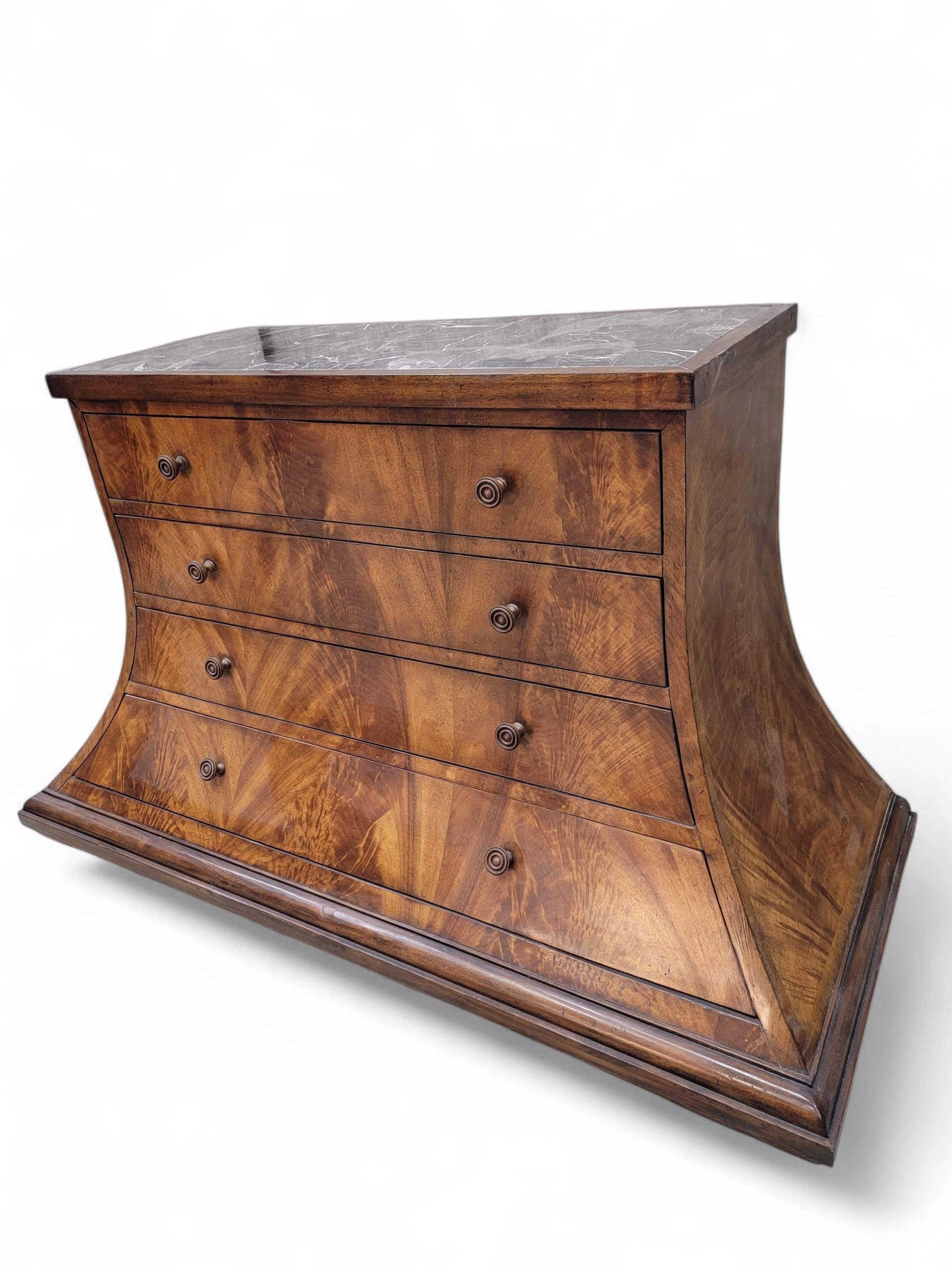 NEW - Vintage Set of Beautifully Crafted Arched Burl Walnut 4 Drawer Marble Top Monarch Dressers for Century Furniture - Set of 2