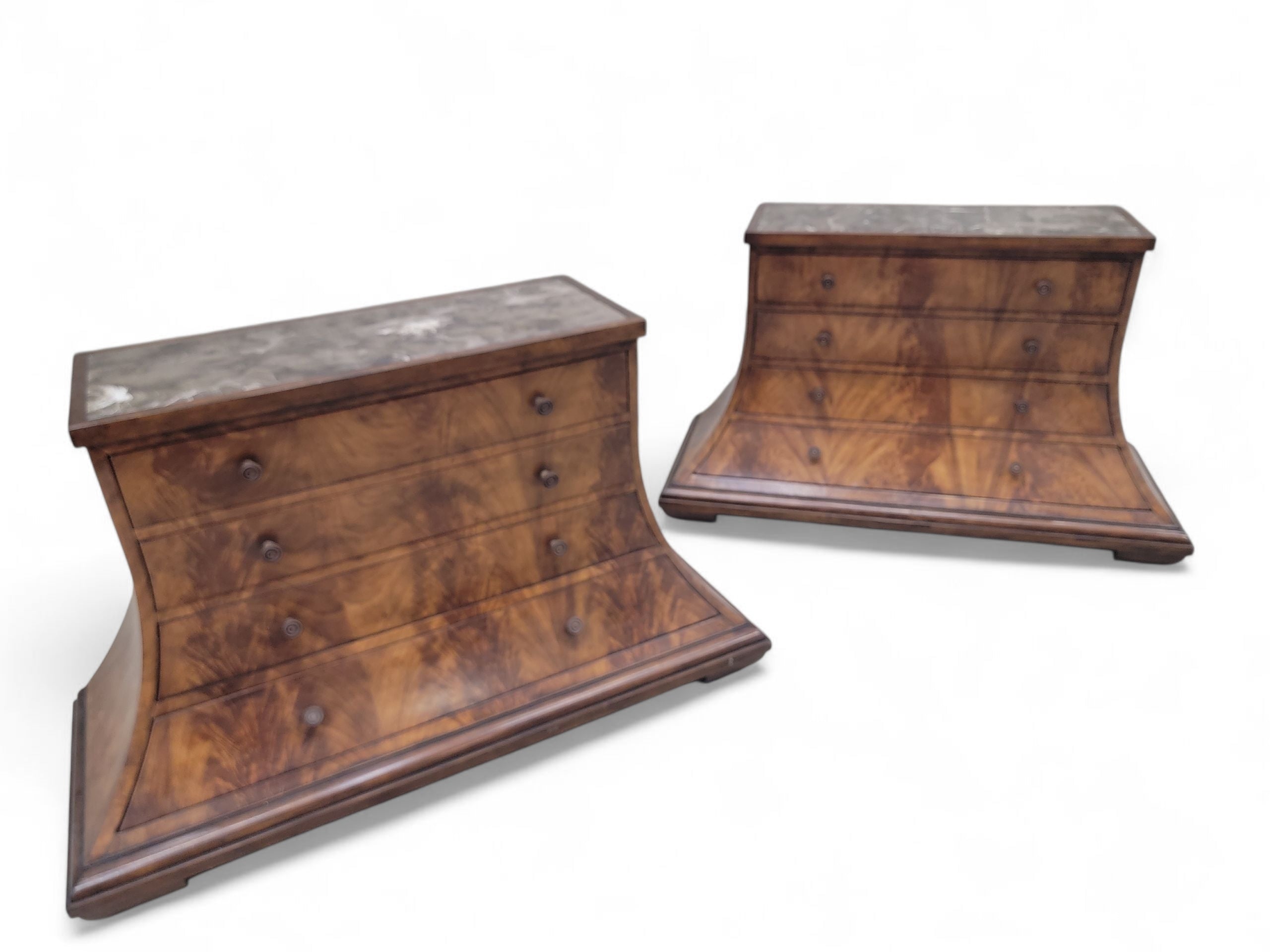 NEW - Vintage Set of Beautifully Crafted Arched Burl Walnut 4 Drawer Marble Top Monarch Dressers for Century Furniture - Set of 2