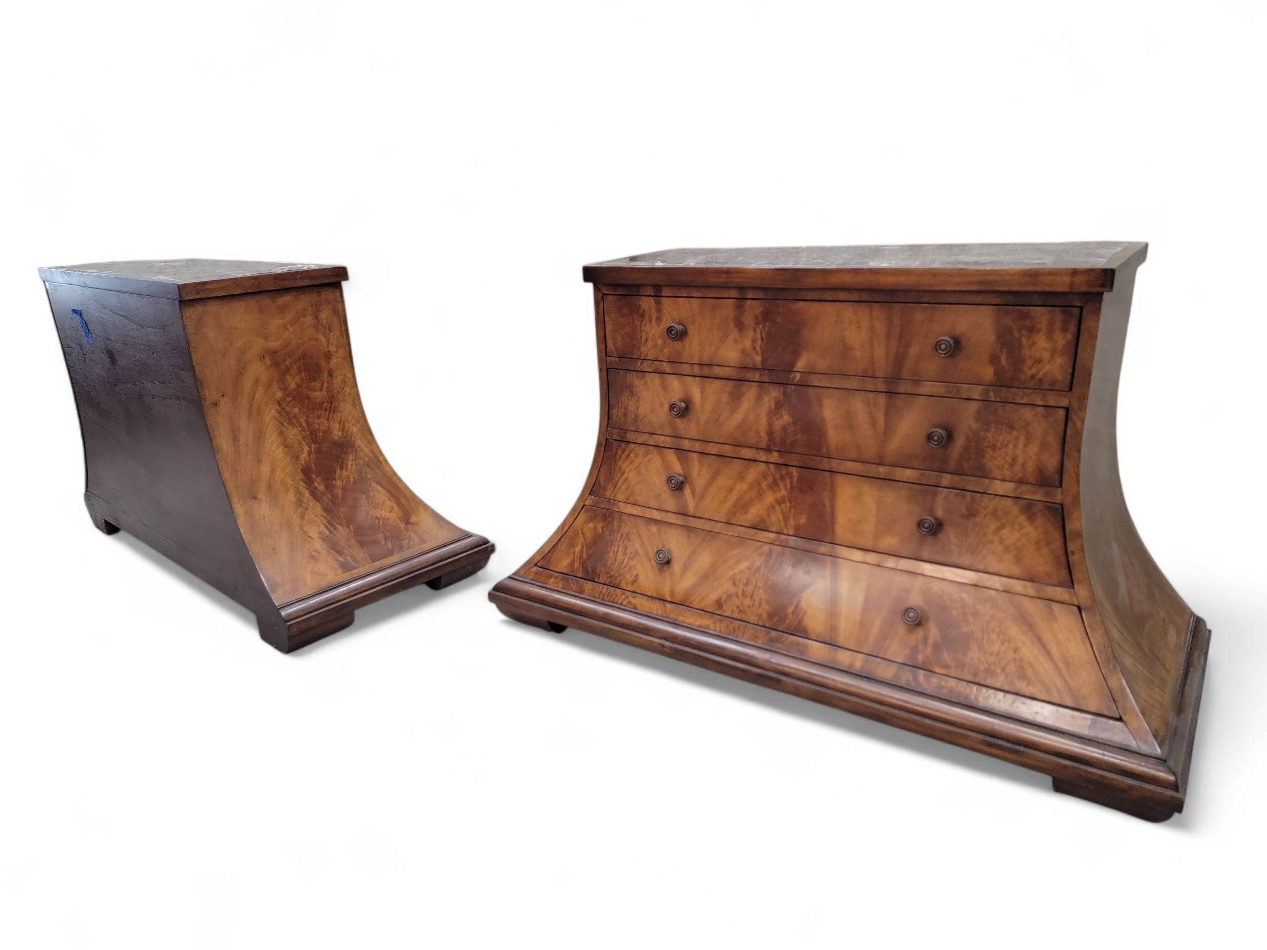 NEW - Vintage Set of Beautifully Crafted Arched Burl Walnut 4 Drawer Marble Top Monarch Dressers for Century Furniture - Set of 2