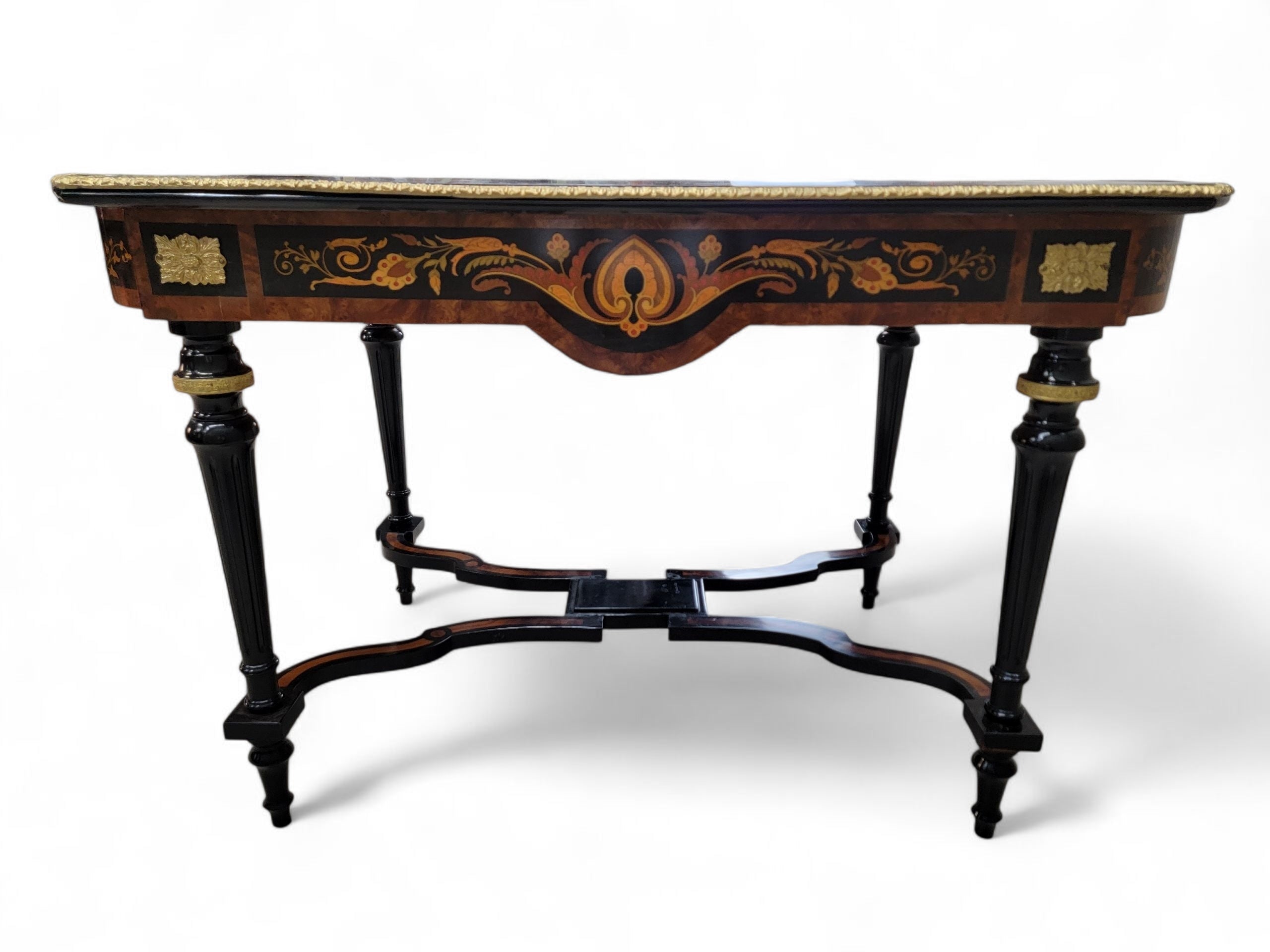 NEW - Antique Boulle Styled Beautifully Inlaid Antique Brass Ormolu Mount Ebonized Center Table/Single Drawer Writing Desk