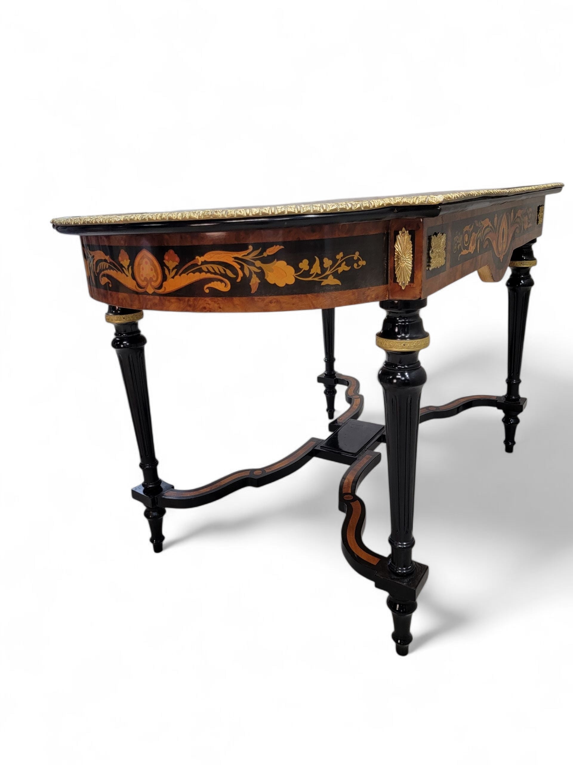 NEW - Antique Boulle Styled Beautifully Inlaid Antique Brass Ormolu Mount Ebonized Center Table/Single Drawer Writing Desk