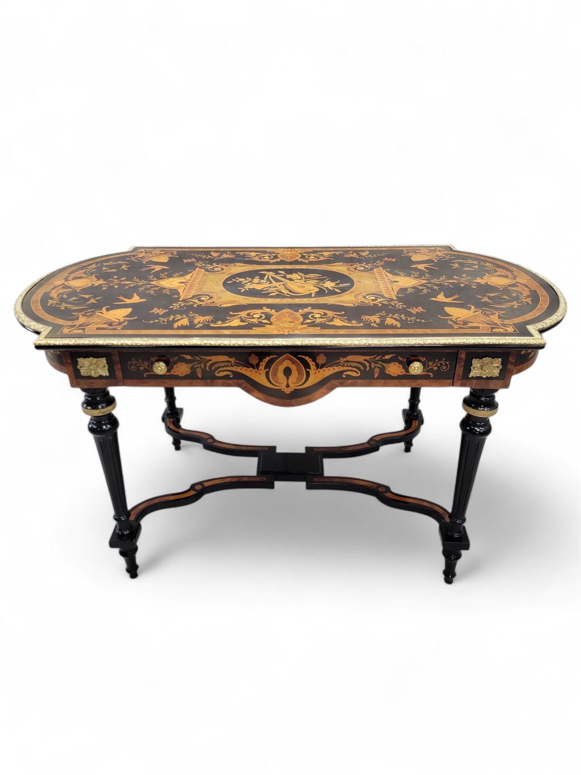 NEW - Antique Boulle Styled Beautifully Inlaid Antique Brass Ormolu Mount Ebonized Center Table/Single Drawer Writing Desk