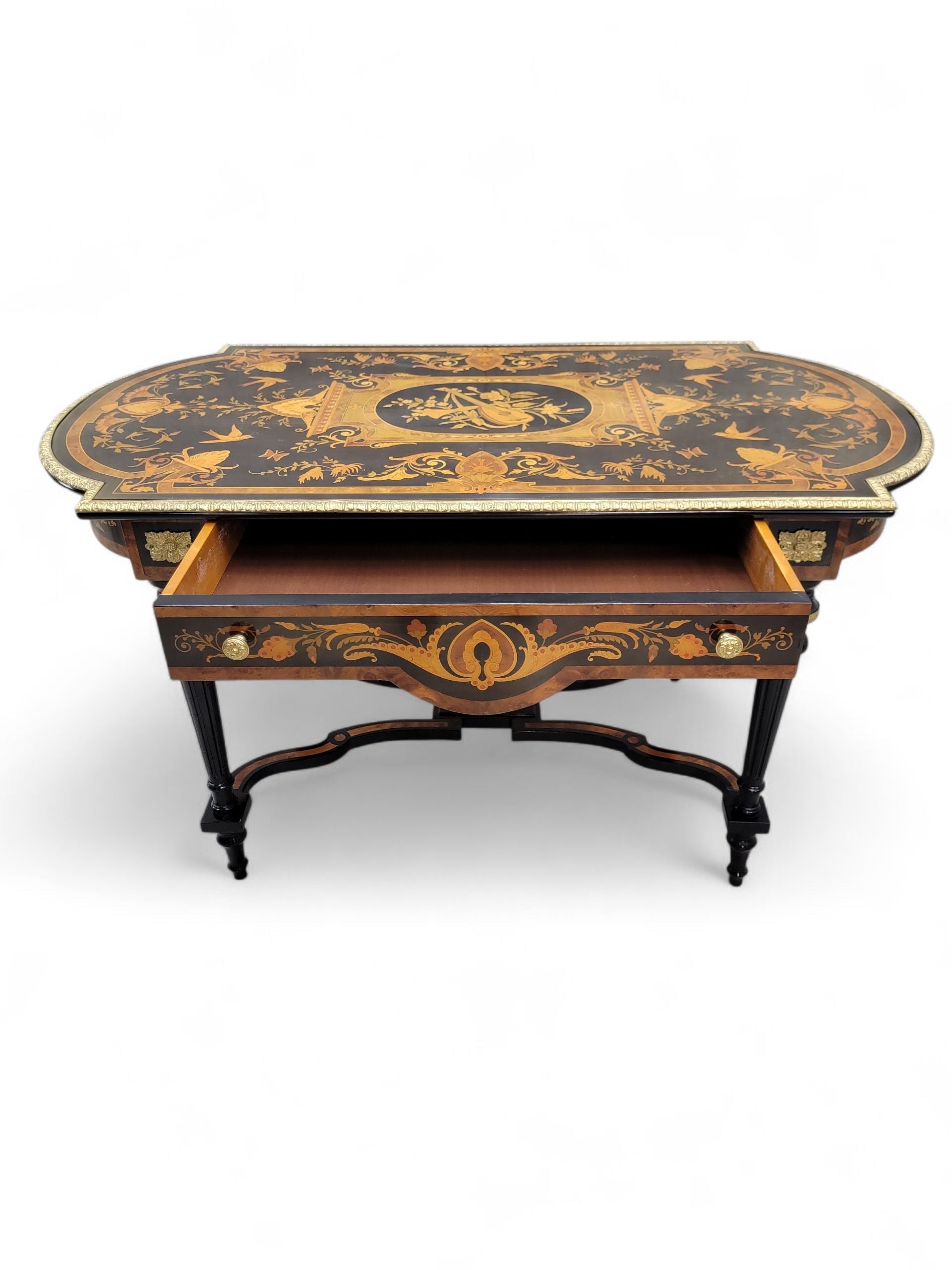 NEW - Antique Boulle Styled Beautifully Inlaid Antique Brass Ormolu Mount Ebonized Center Table/Single Drawer Writing Desk