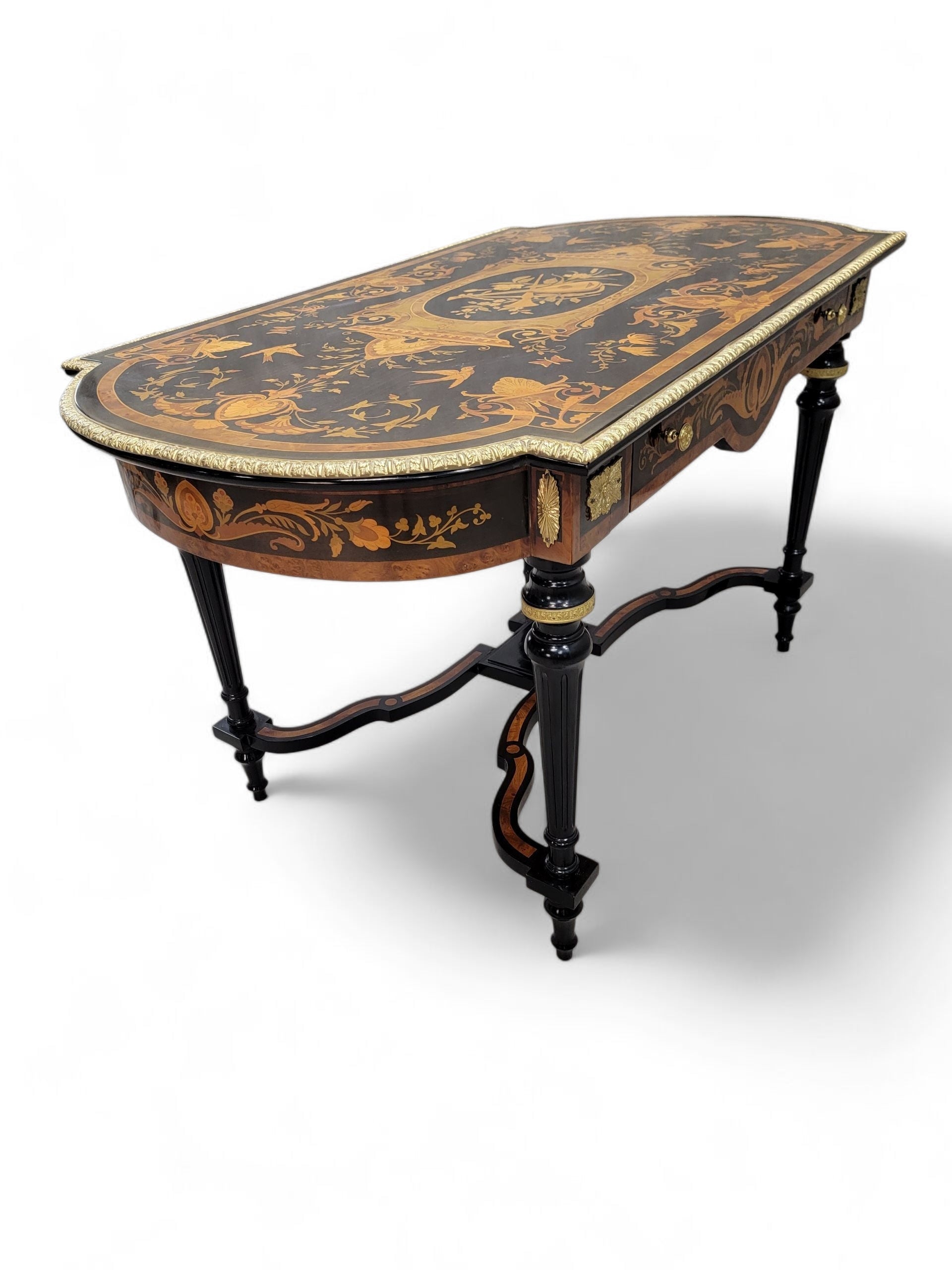 NEW - Antique Boulle Styled Beautifully Inlaid Antique Brass Ormolu Mount Ebonized Center Table/Single Drawer Writing Desk