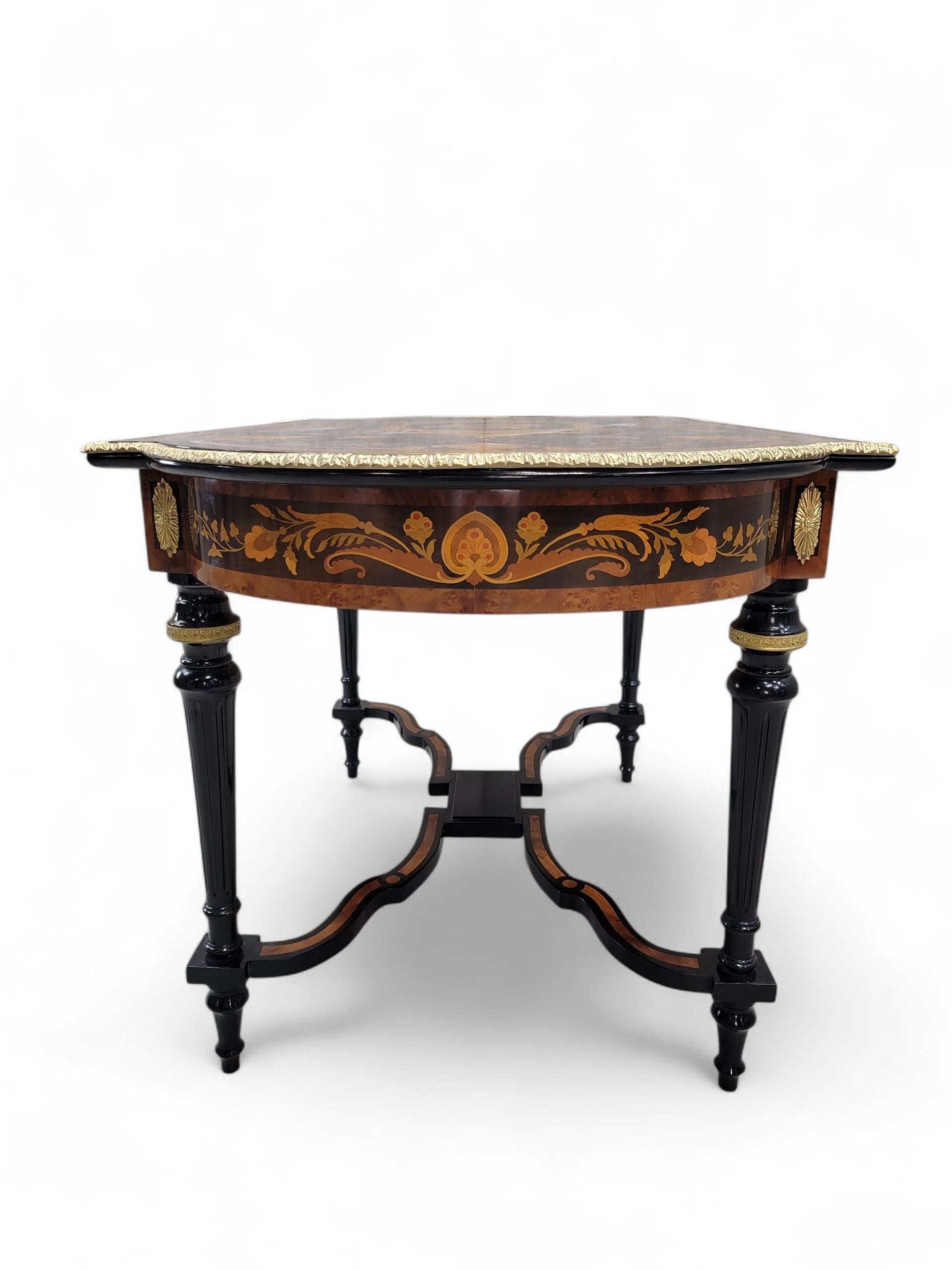 NEW - Antique Boulle Styled Beautifully Inlaid Antique Brass Ormolu Mount Ebonized Center Table/Single Drawer Writing Desk