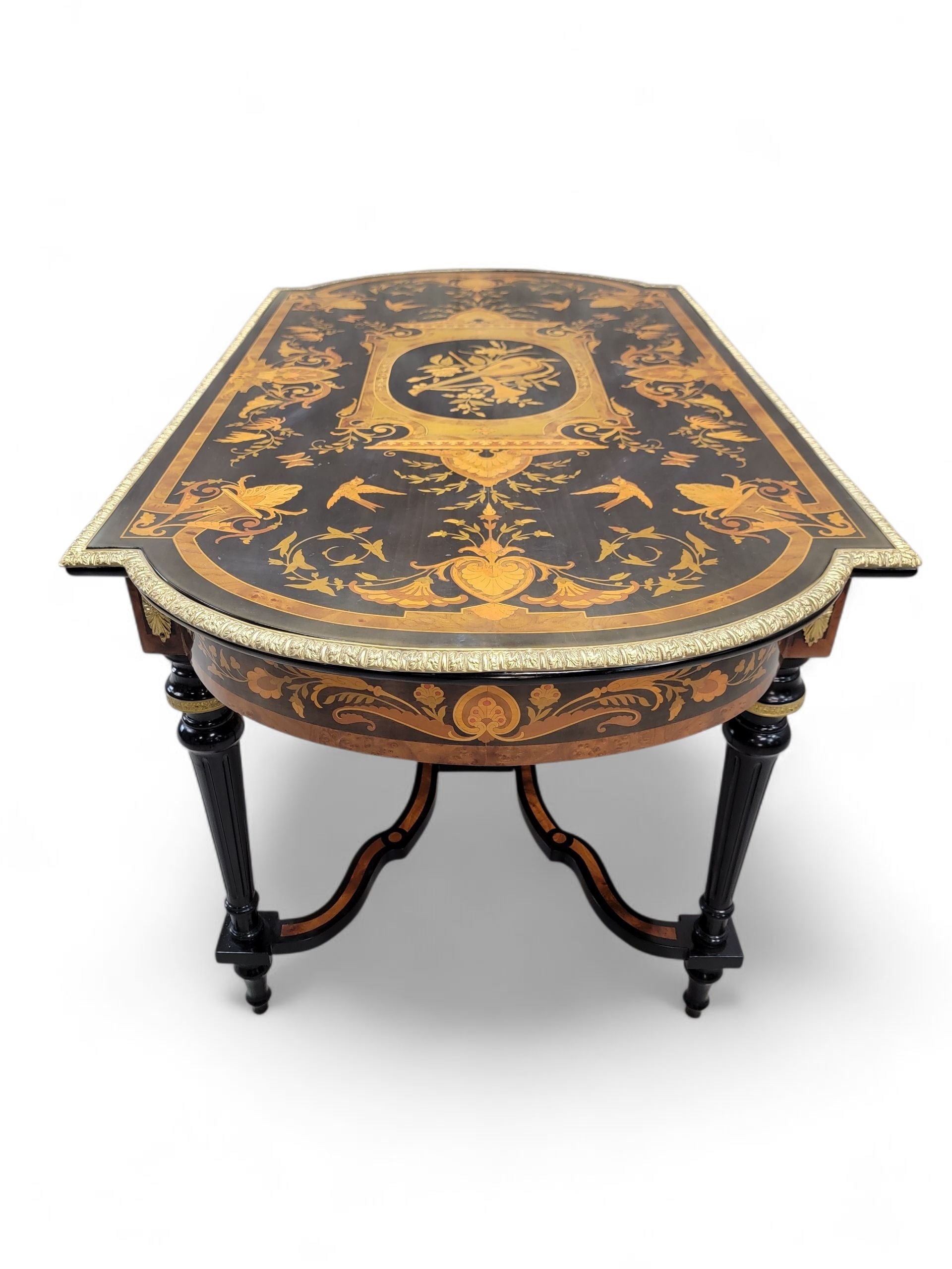 NEW - Antique Boulle Styled Beautifully Inlaid Antique Brass Ormolu Mount Ebonized Center Table/Single Drawer Writing Desk