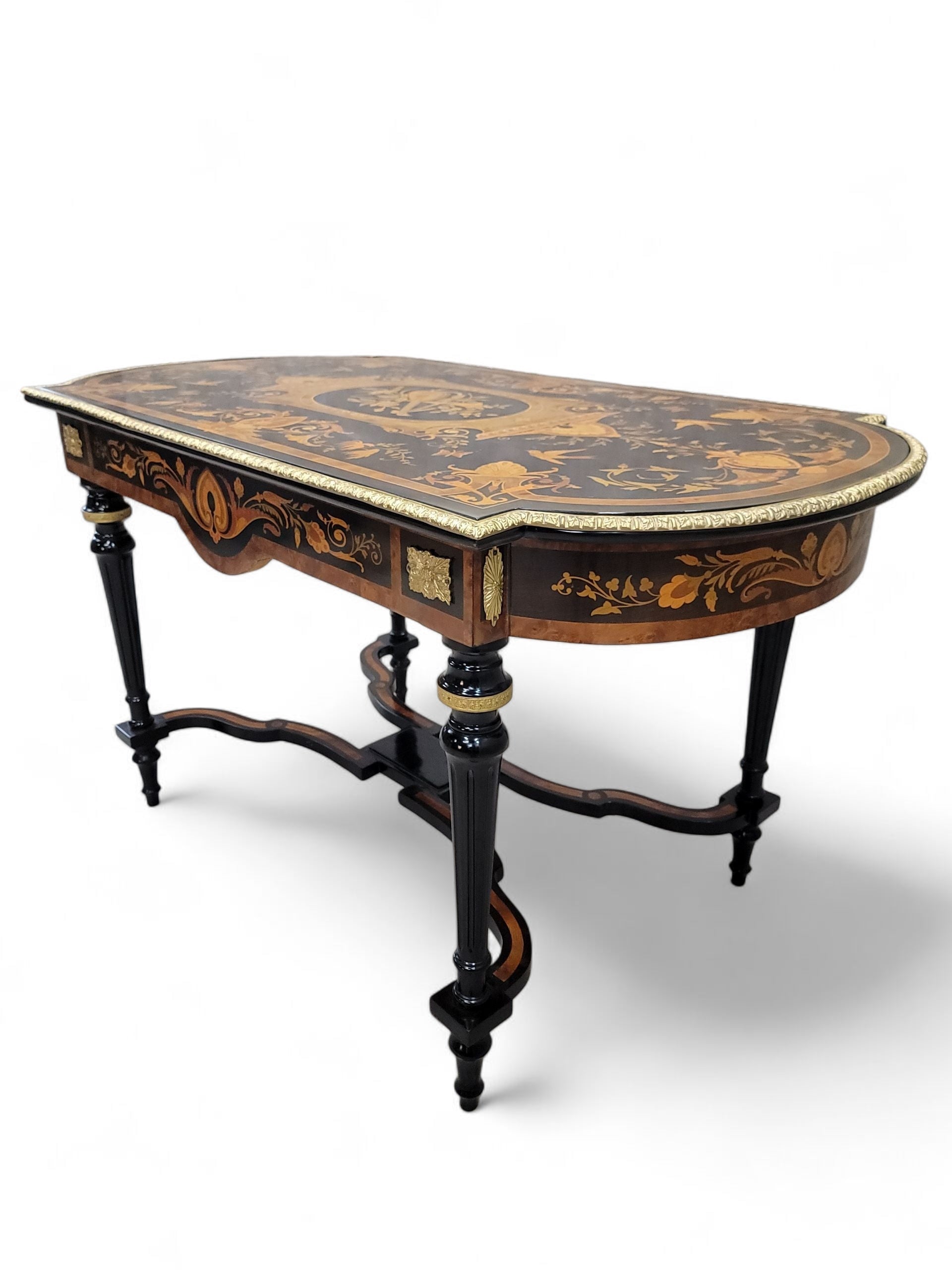 NEW - Antique Boulle Styled Beautifully Inlaid Antique Brass Ormolu Mount Ebonized Center Table/Single Drawer Writing Desk