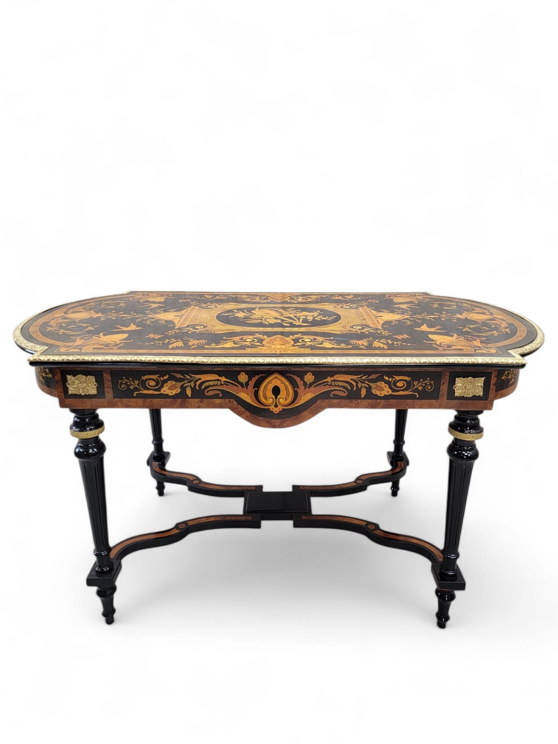 NEW - Antique Boulle Styled Beautifully Inlaid Antique Brass Ormolu Mount Ebonized Center Table/Single Drawer Writing Desk
