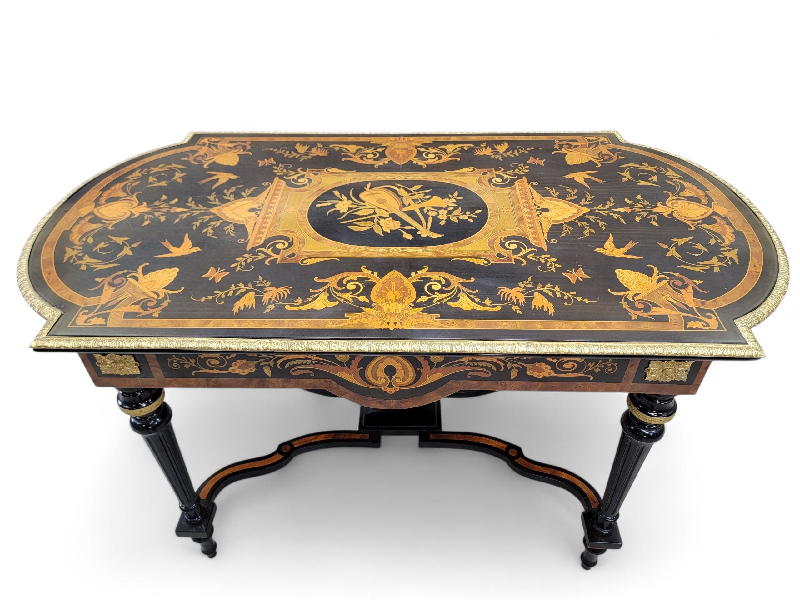 NEW - Antique Boulle Styled Beautifully Inlaid Antique Brass Ormolu Mount Ebonized Center Table/Single Drawer Writing Desk