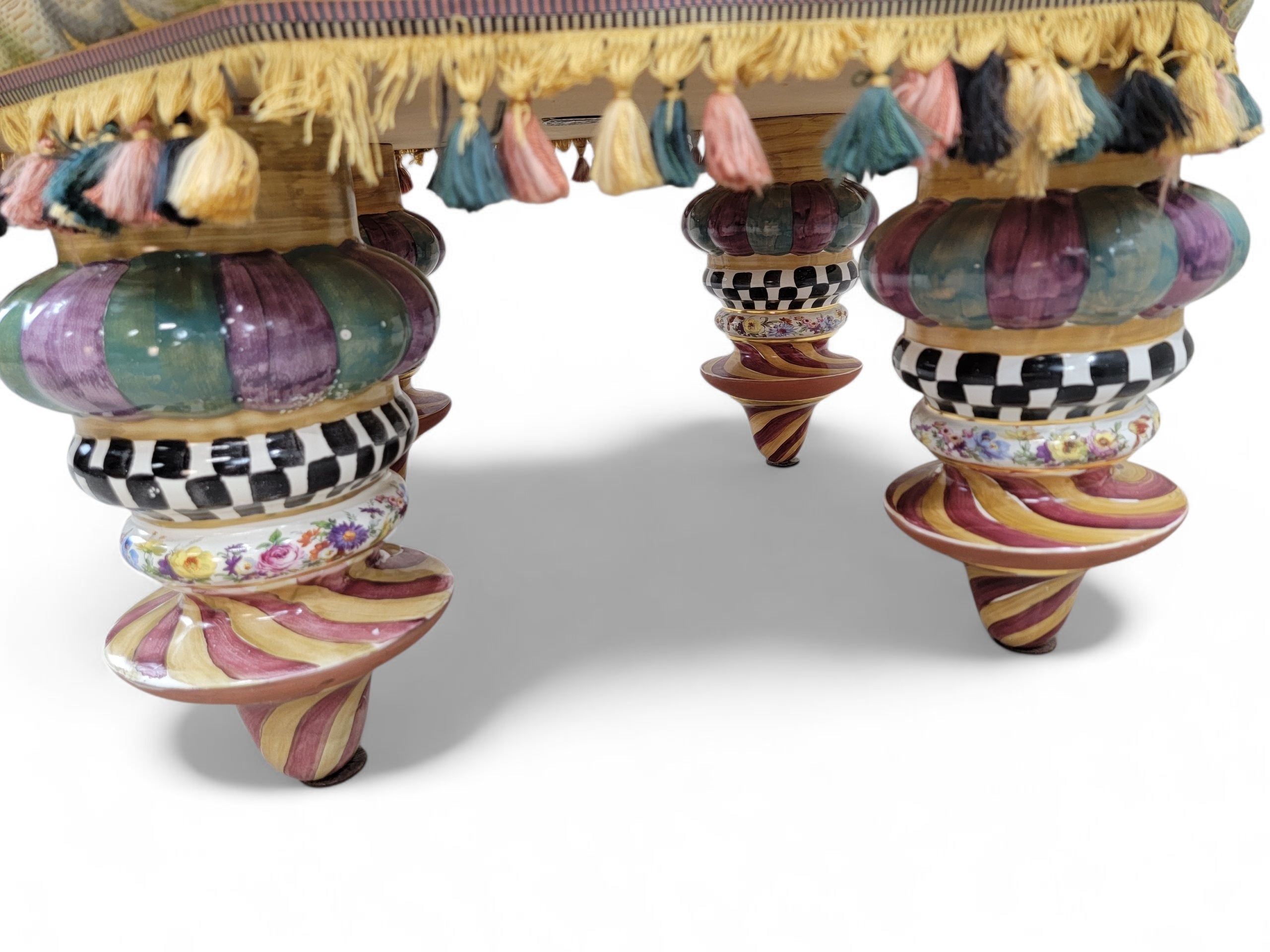 NEW - Mackenzie-Childs Large Upholstered Handpainted Ceramic Leg Glass top Tuffet/Ottoman/Side Table