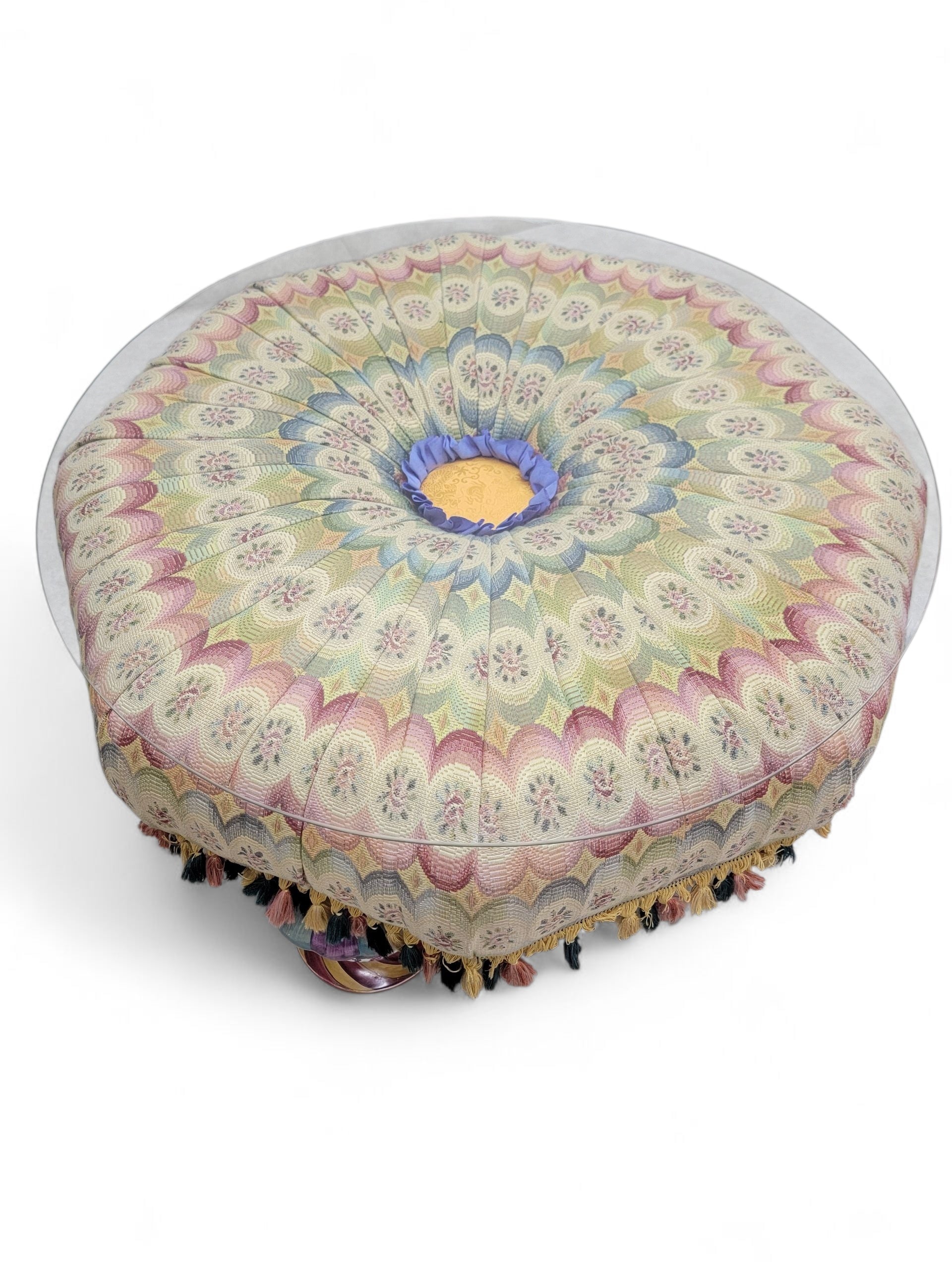 NEW - Mackenzie-Childs Large Upholstered Handpainted Ceramic Leg Glass top Tuffet/Ottoman/Side Table