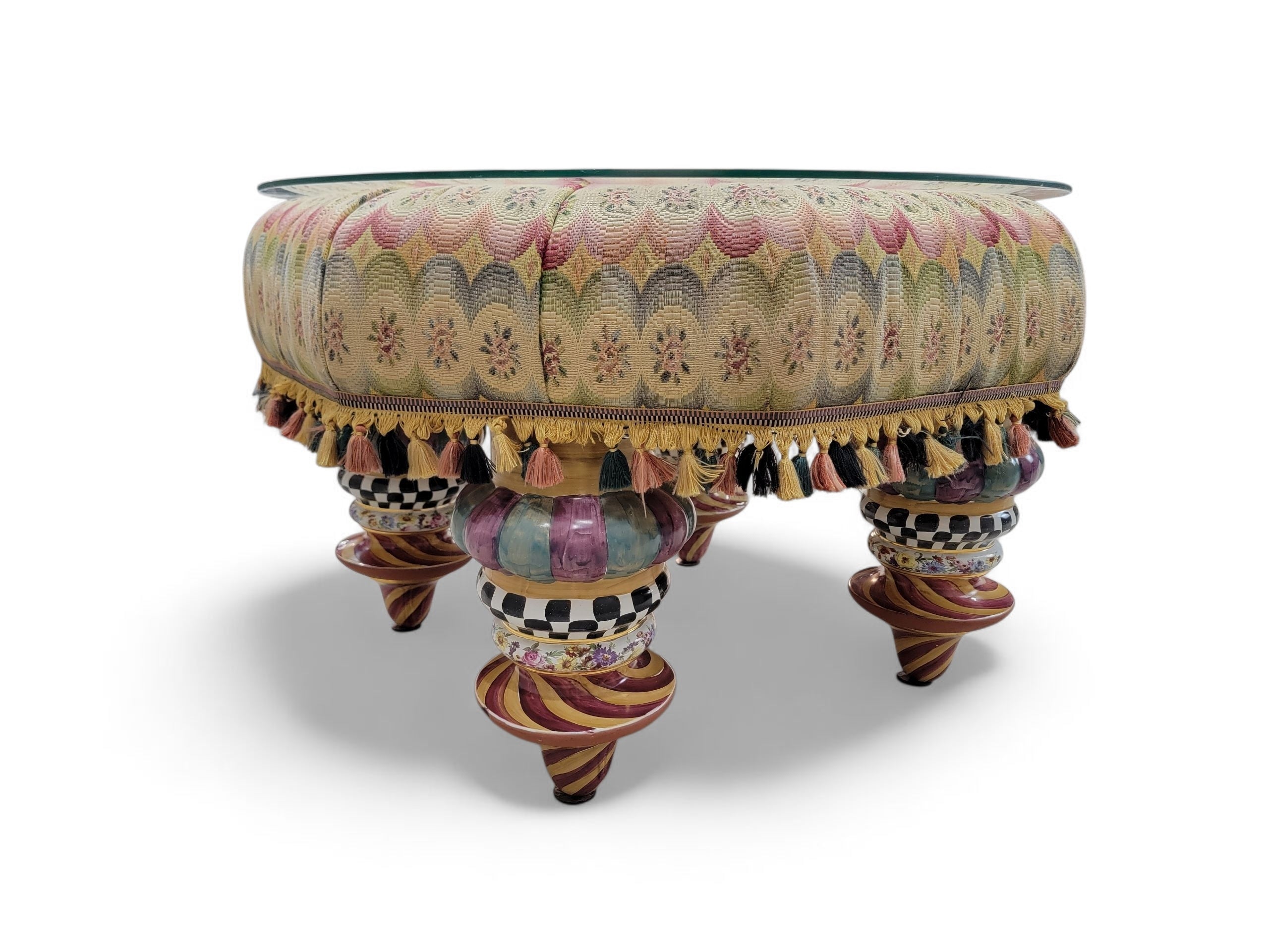 NEW - Mackenzie-Childs Large Upholstered Handpainted Ceramic Leg Glass top Tuffet/Ottoman/Side Table