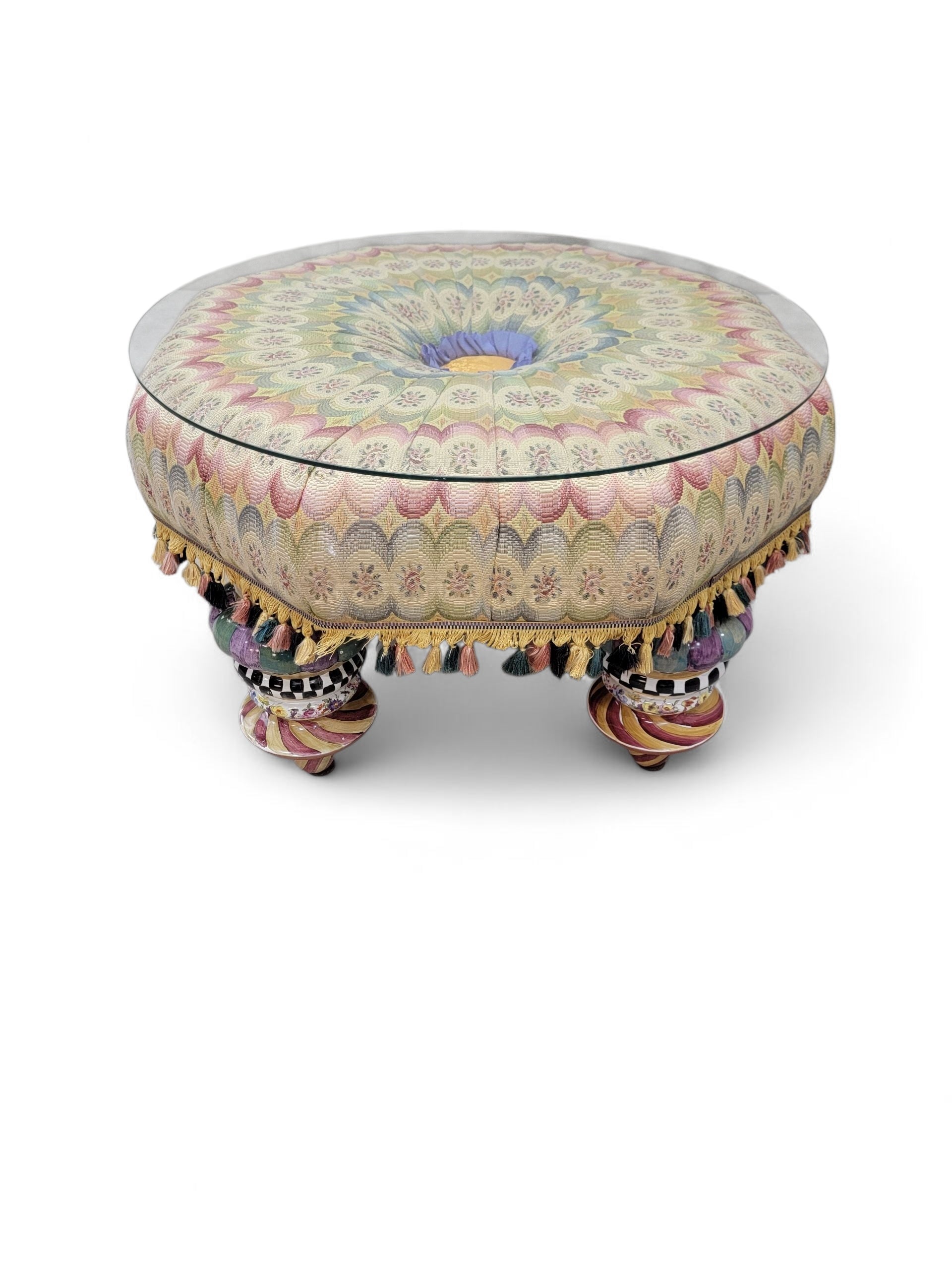 NEW - Mackenzie-Childs Large Upholstered Handpainted Ceramic Leg Glass top Tuffet/Ottoman/Side Table