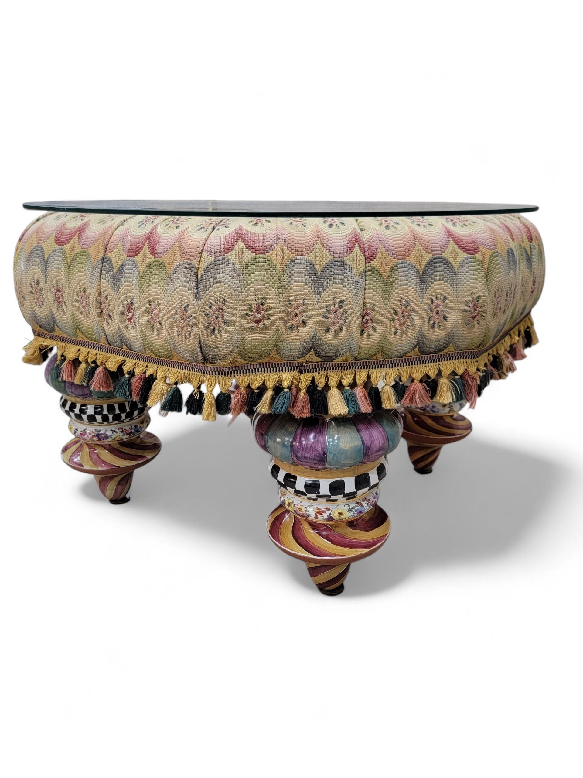 NEW - Mackenzie-Childs Large Upholstered Handpainted Ceramic Leg Glass top Tuffet/Ottoman/Side Table