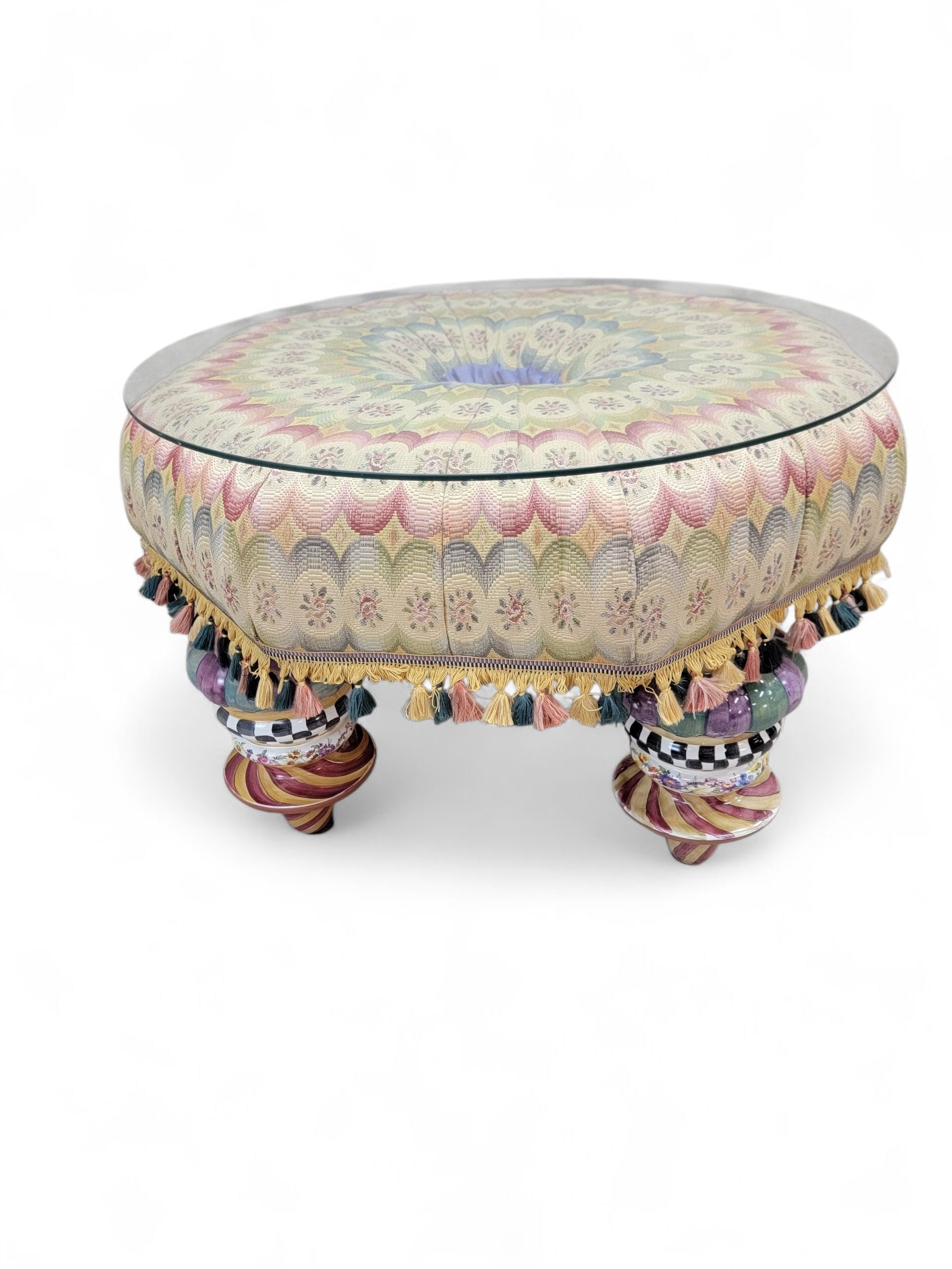 NEW - Mackenzie-Childs Large Upholstered Handpainted Ceramic Leg Glass top Tuffet/Ottoman/Side Table