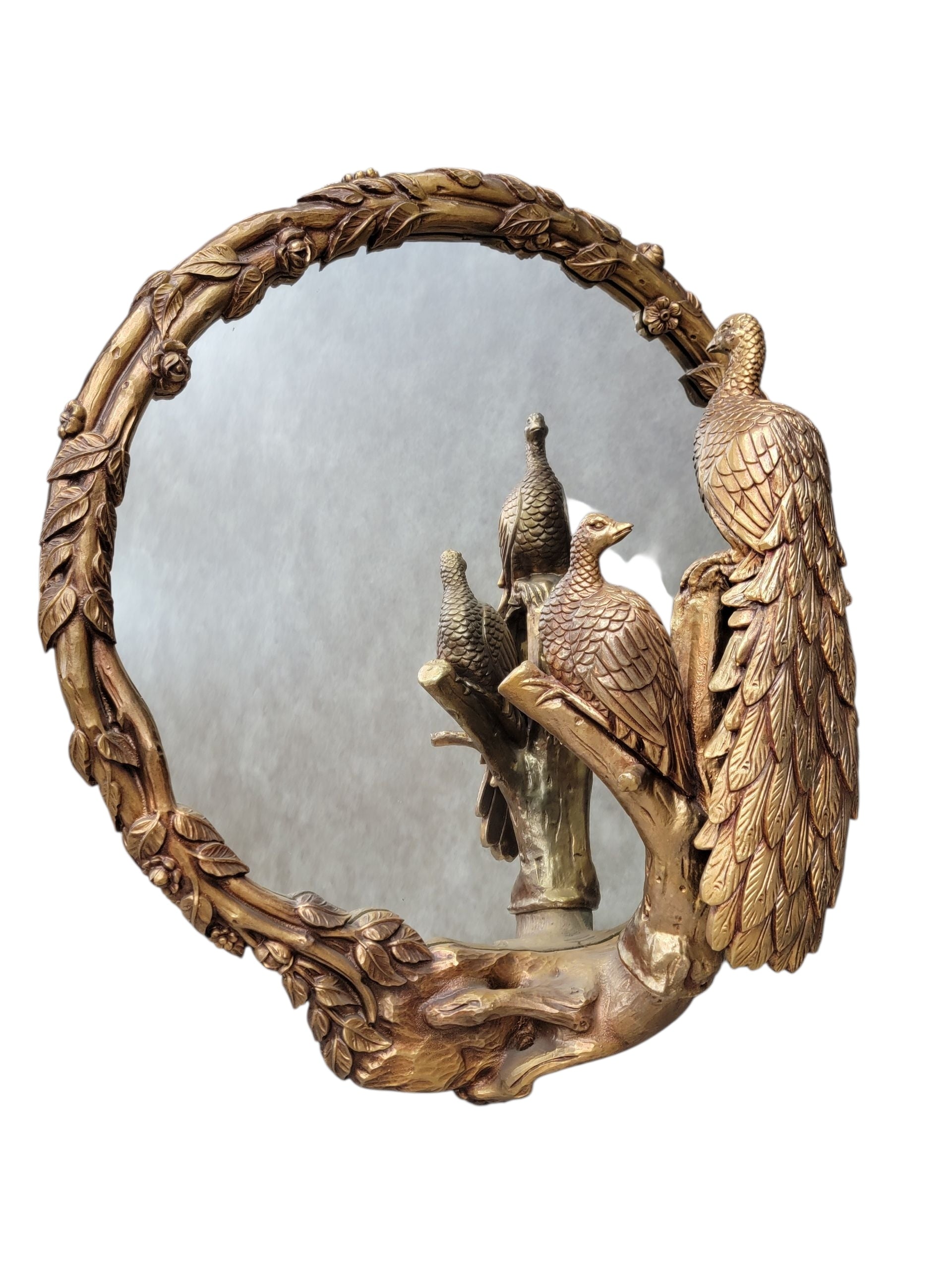 NEW - Italian Hollywood Regency Gilded Large Round Peacock Mirror