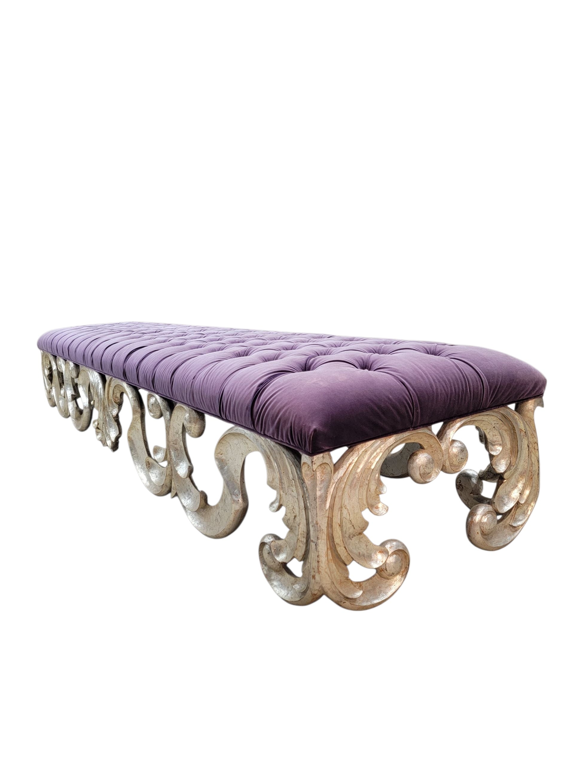 Vintage Scrolled Tufted Bench in Purple Velvet by Christopher Guy