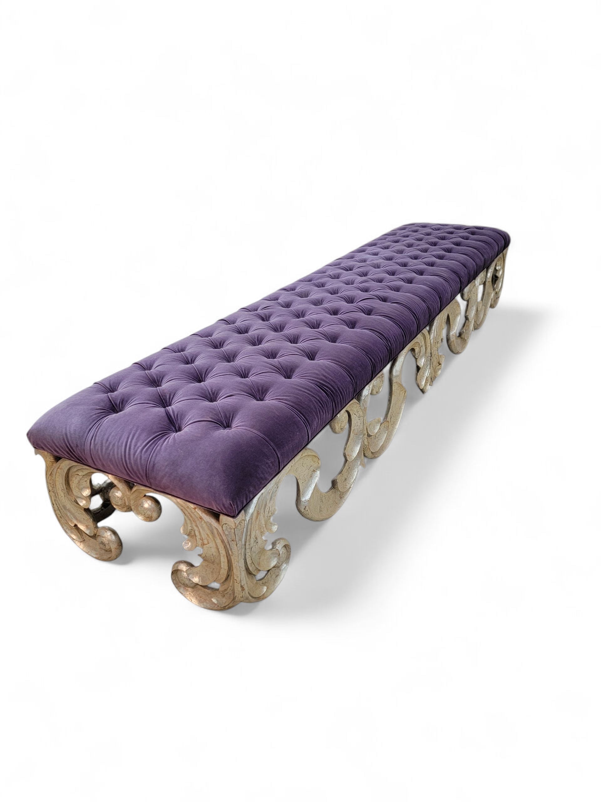 Vintage Scrolled Tufted Bench in Purple Velvet by Christopher Guy