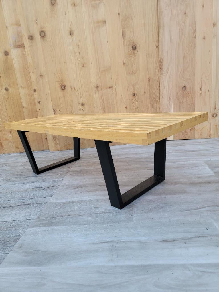 Mid Century Modern George Nelson Style Ebonized Base Slatted Blonde Wood Bench