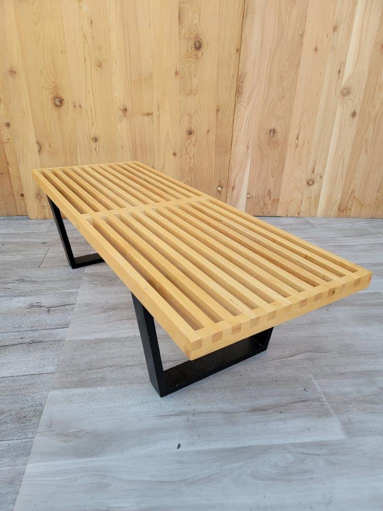Mid Century Modern George Nelson Style Ebonized Base Slatted Blonde Wood Bench
