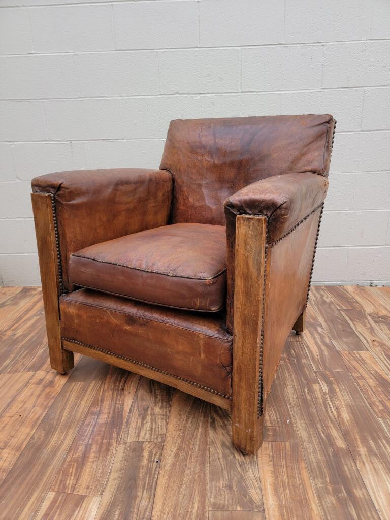 French Art Deco Distressed Brown Leather Club Chair with Nailheads