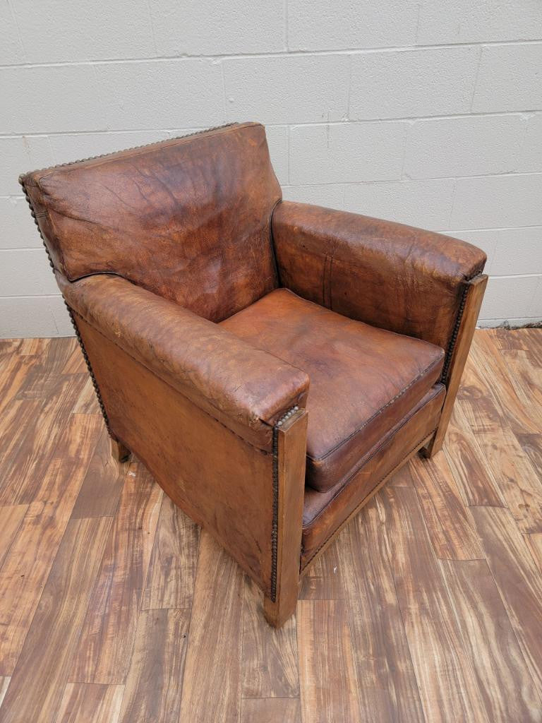 French Art Deco Distressed Brown Leather Club Chair with Nailheads