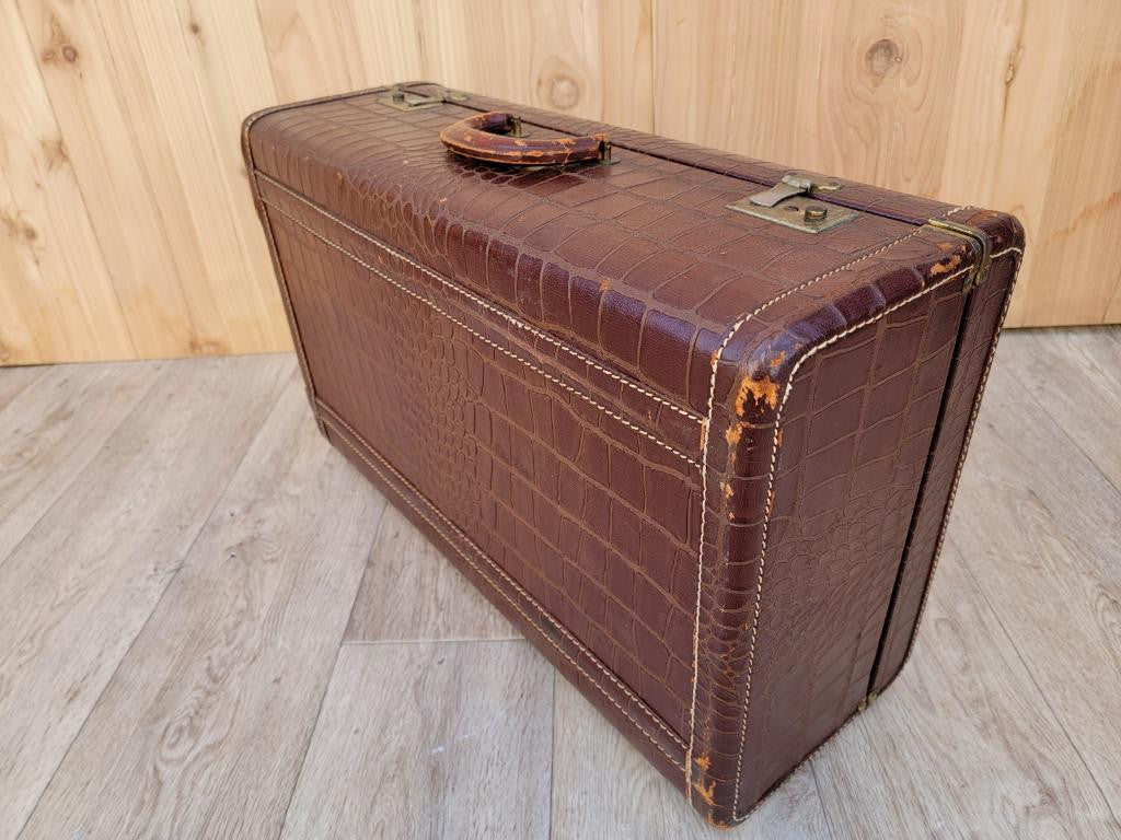 Art Deco Brown Alligator Embossed Leather Suitcase