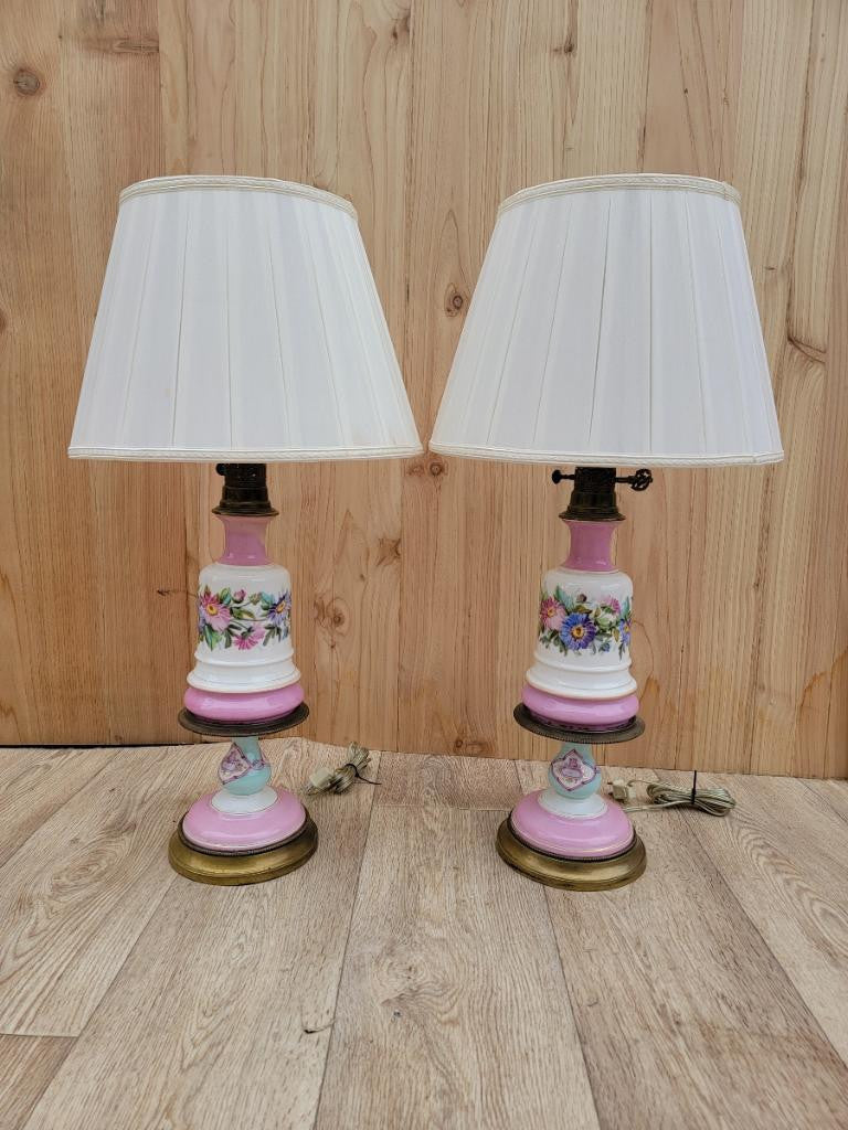 Antique French Provincial Brass & Hand Painted Floral Porcelain Electrified Oil Table Lamp with White Shade - Pair