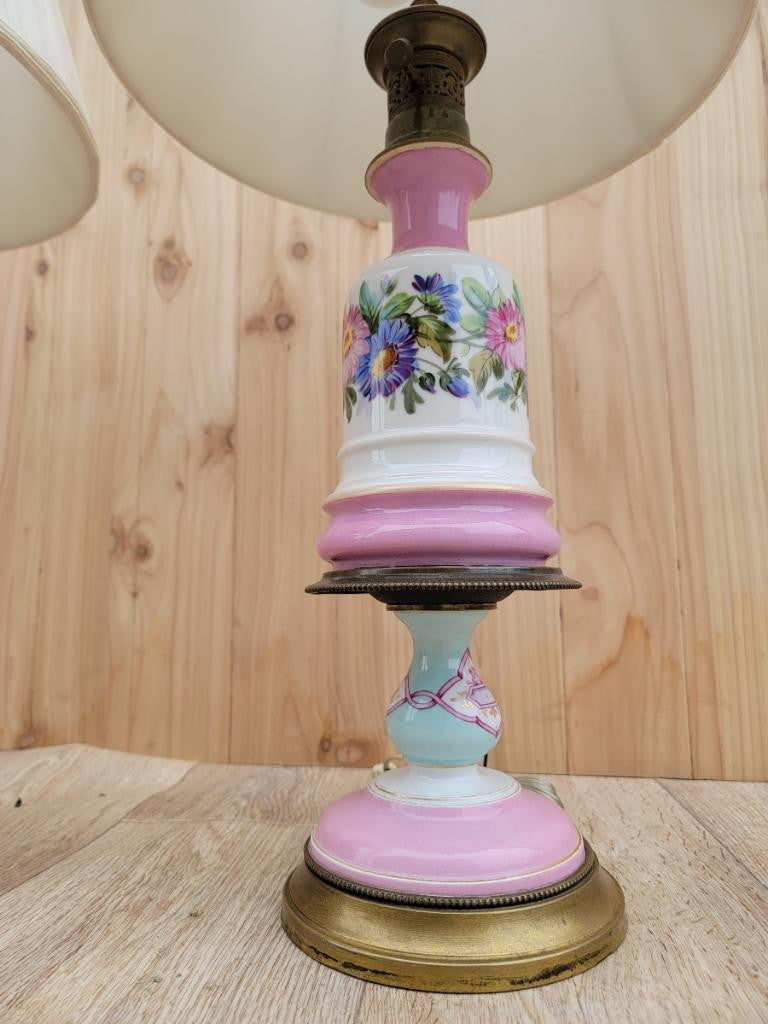 Antique French Provincial Brass & Hand Painted Floral Porcelain Electrified Oil Table Lamp with White Shade - Pair