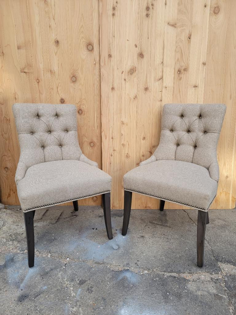 Vintage Tufted Back Linen Dining Chairs with Nail Head Trim - Set of 4