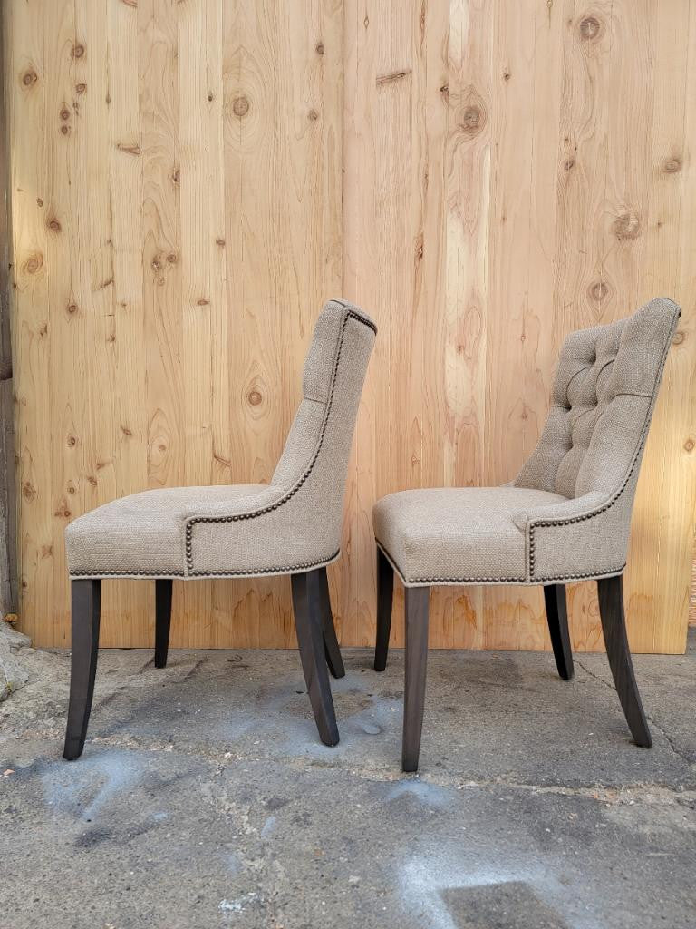 Vintage Tufted Back Linen Dining Chairs with Nail-Head Trim - Set of 4