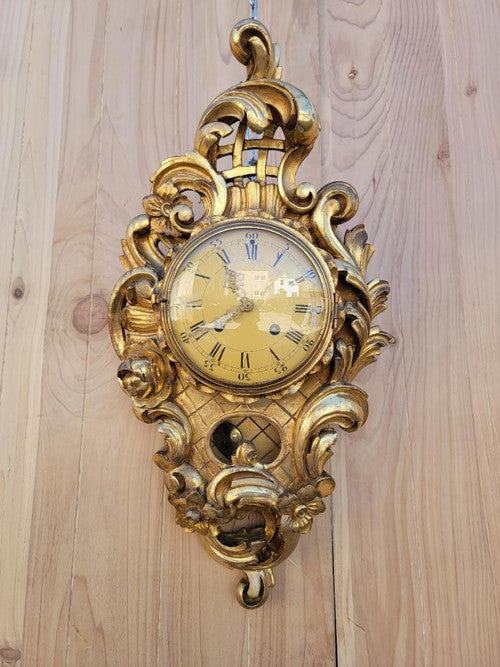 Antique Swedish Westerstrand Gold Rococo Carved Cartouche Wall Clock