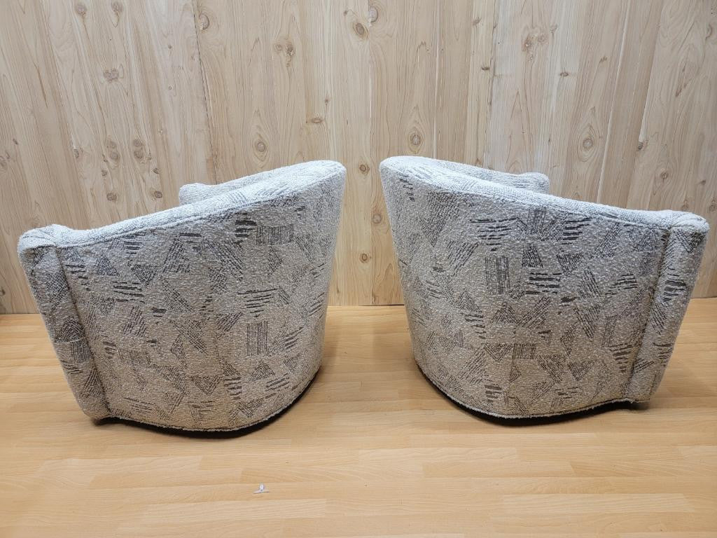 Mid Century French Modern Style Barrel Back Swivel Flared Armchairs by Kravet Newly Upholstered - Pair