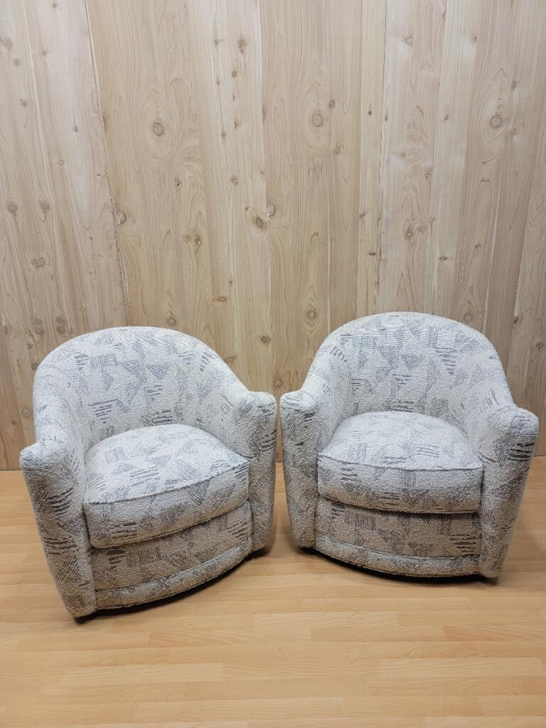 Mid Century French Modern Style Barrel Back Swivel Flared Armchairs by Kravet Newly Upholstered - Pair