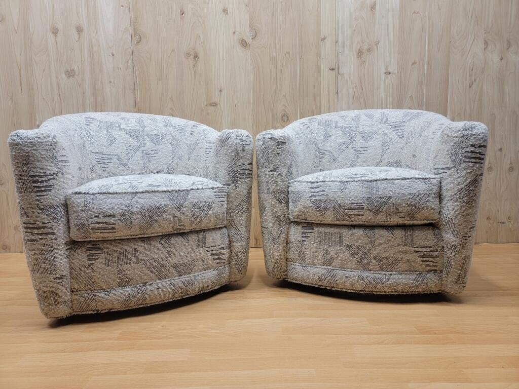 Mid Century French Modern Style Barrel Back Swivel Flared Armchairs by Kravet Newly Upholstered - Pair