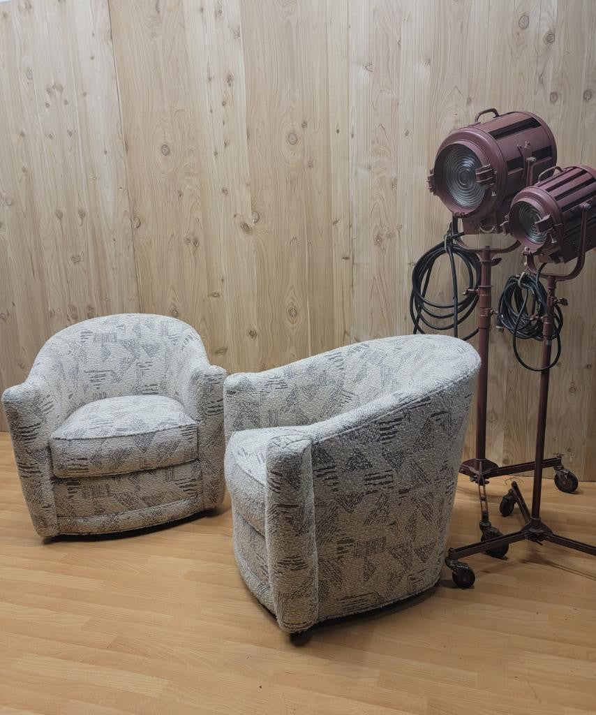 Mid Century French Modern Style Barrel Back Swivel Flared Armchairs by Kravet Newly Upholstered - Pair