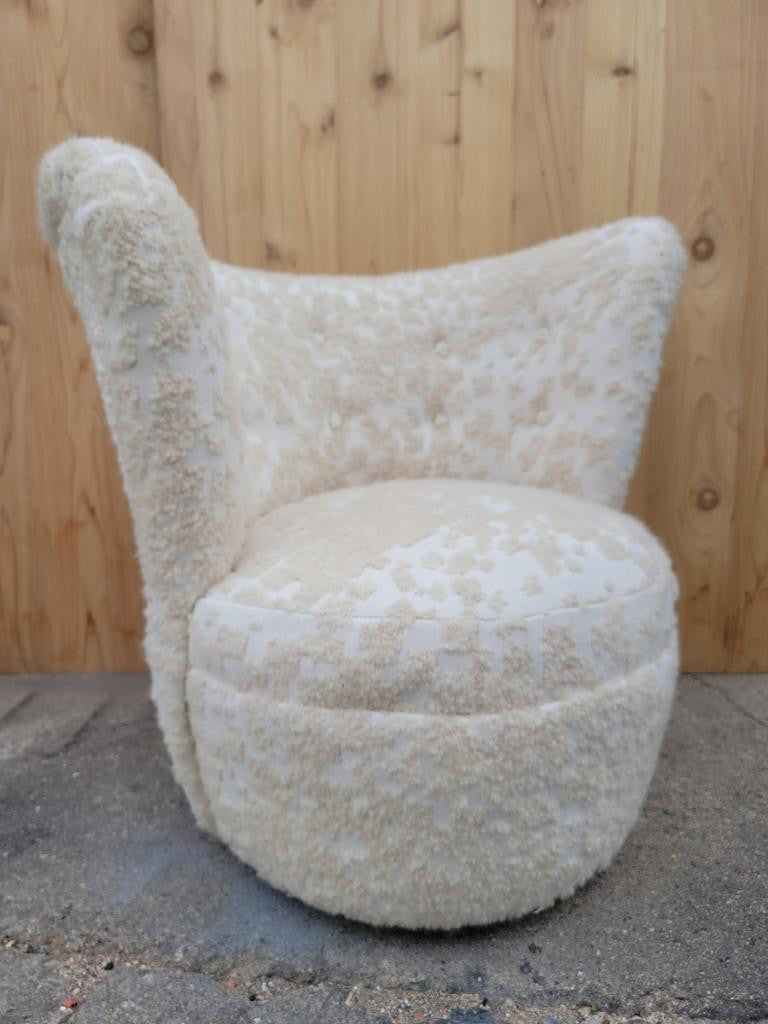 Mid Century Modern Deco Asymmetrical Corkscrew Lounges Newly Upholstered in "Ivory" Patterned Sheep's Wool Boucle - Pair