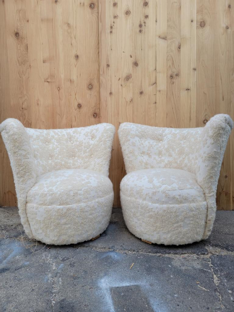 Mid Century Modern Deco Asymmetrical Corkscrew Lounges Newly Upholstered in "Ivory" Patterned Sheep's Wool Boucle - Pair