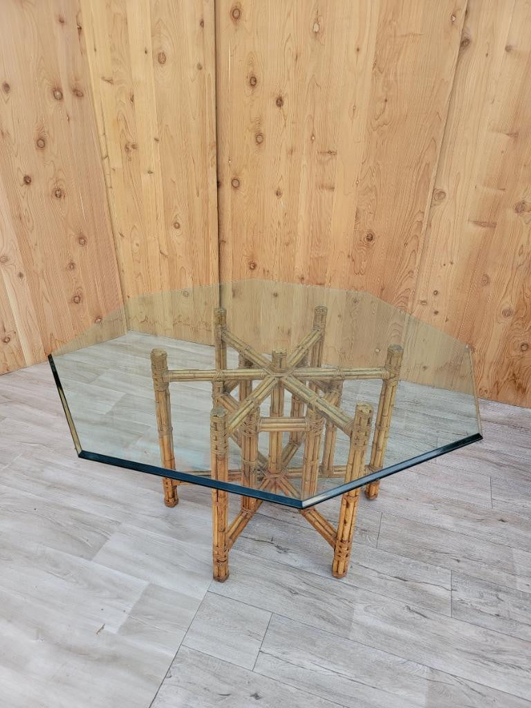 Vintage Coastal McGuire Rattan and Bamboo Bundle Base Octagon Glass Top Dining Table
