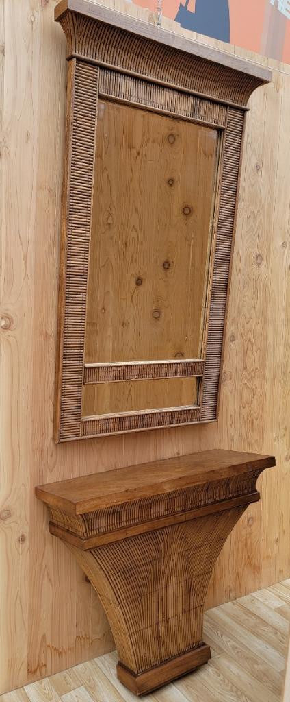 Vintage Hollywood Regency Bamboo and Rattan Rectangular Beveled Wall Mirror and Matching Wall Mount Console Table by LaBarge - Set of 2