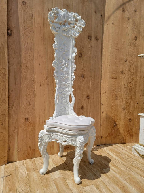Antique Venetian Hand Carved Figural Bird & Floral Motif White Lacquered High Back Corner Throne Chair