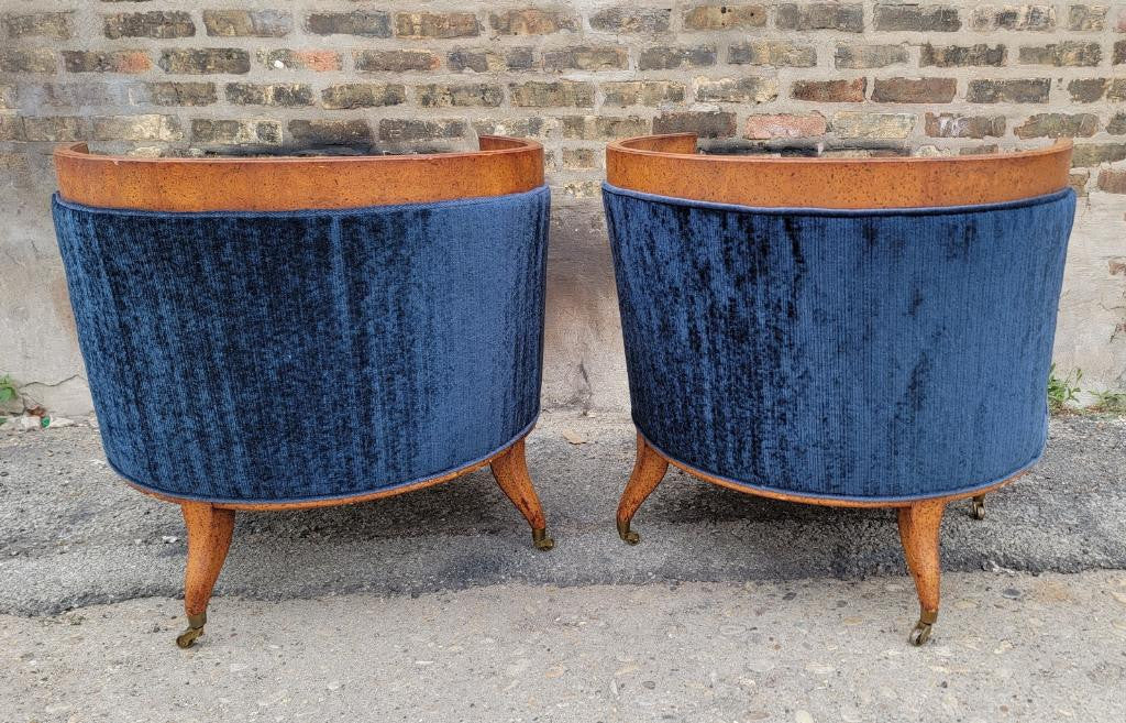 Mid Century Modern Barrel Back Tufted Lounge Chairs Newly Upholstered in a High End Deep Blue Italian Mohair - Pair