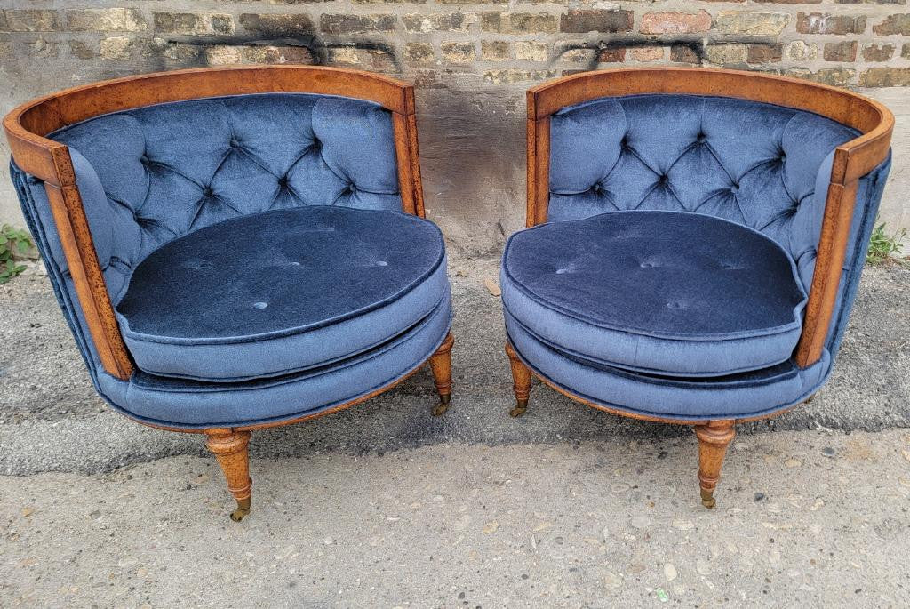 Mid Century Modern Barrel Back Tufted Lounge Chairs Newly Upholstered in a High End Deep Blue Italian Mohair - Pair