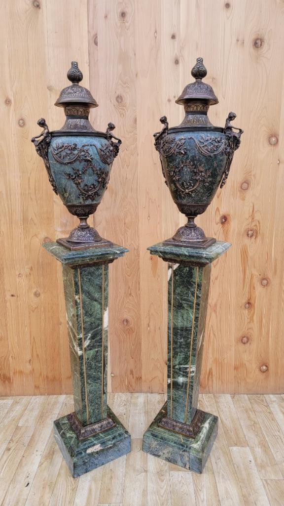 Antique French Louis XV Style Green Marble and Bronze Urns with Matching Pedestals - Pair