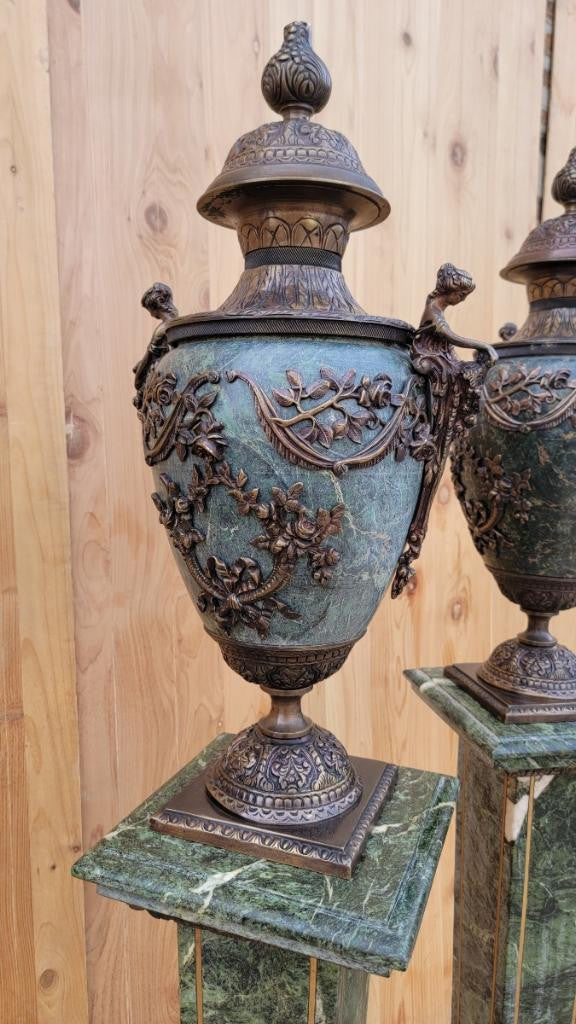 Antique French Louis XV Style Green Marble and Bronze Urns with Matching Pedestals - Pair
